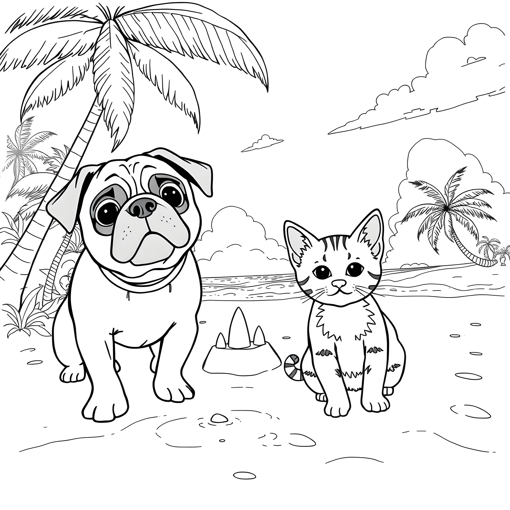Pug and kitten playing on tropical beach Coloring Page (free black-and-white line drawing printable PDF for all, from beginners to advanced learners, including children, teens, adults, and seniors)