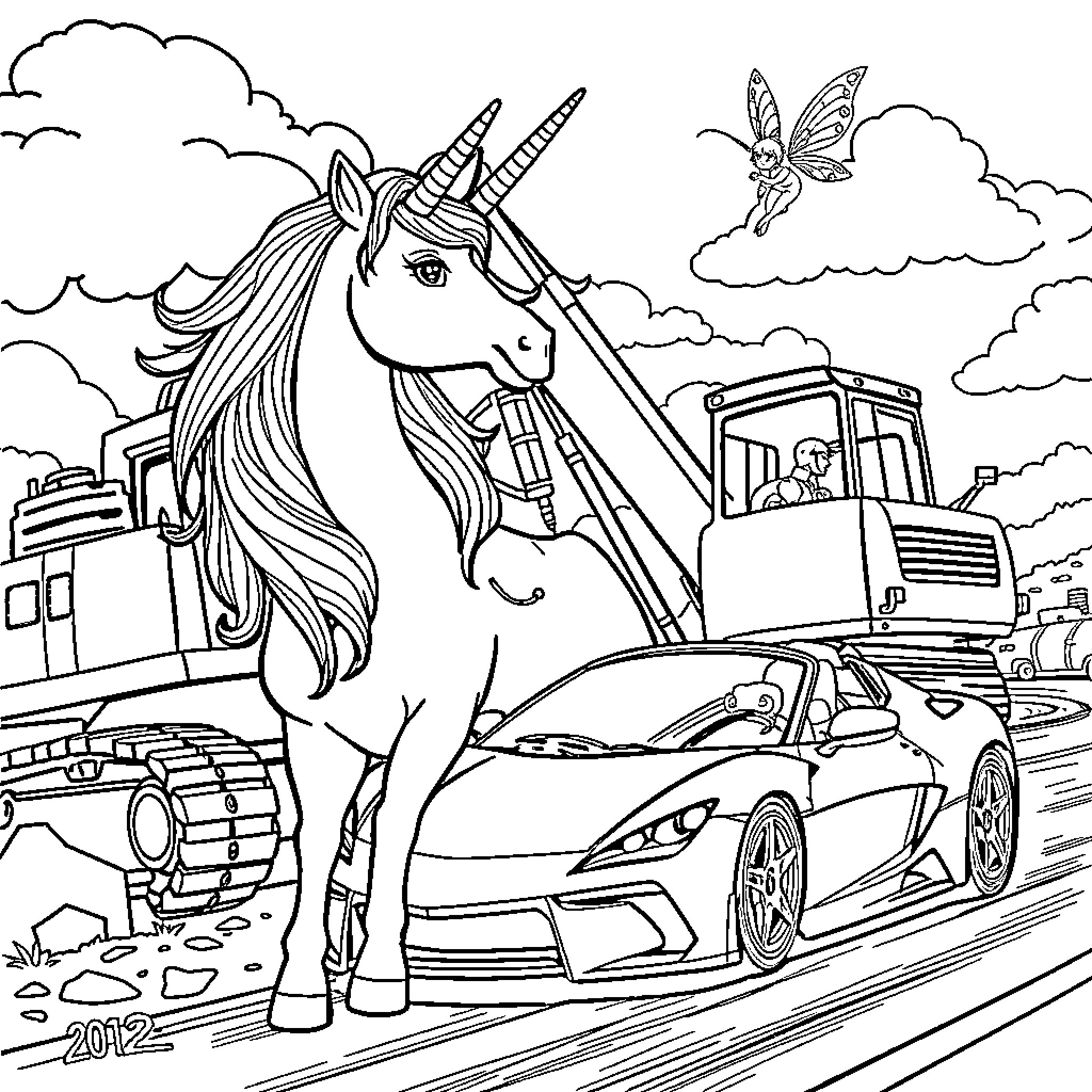 Unicorn and Fantasy Vehicle in Surreal Landscape Coloring Page (free black-and-white line drawing printable PDF for all, from beginners to advanced learners, including children, teens, adults, and seniors)