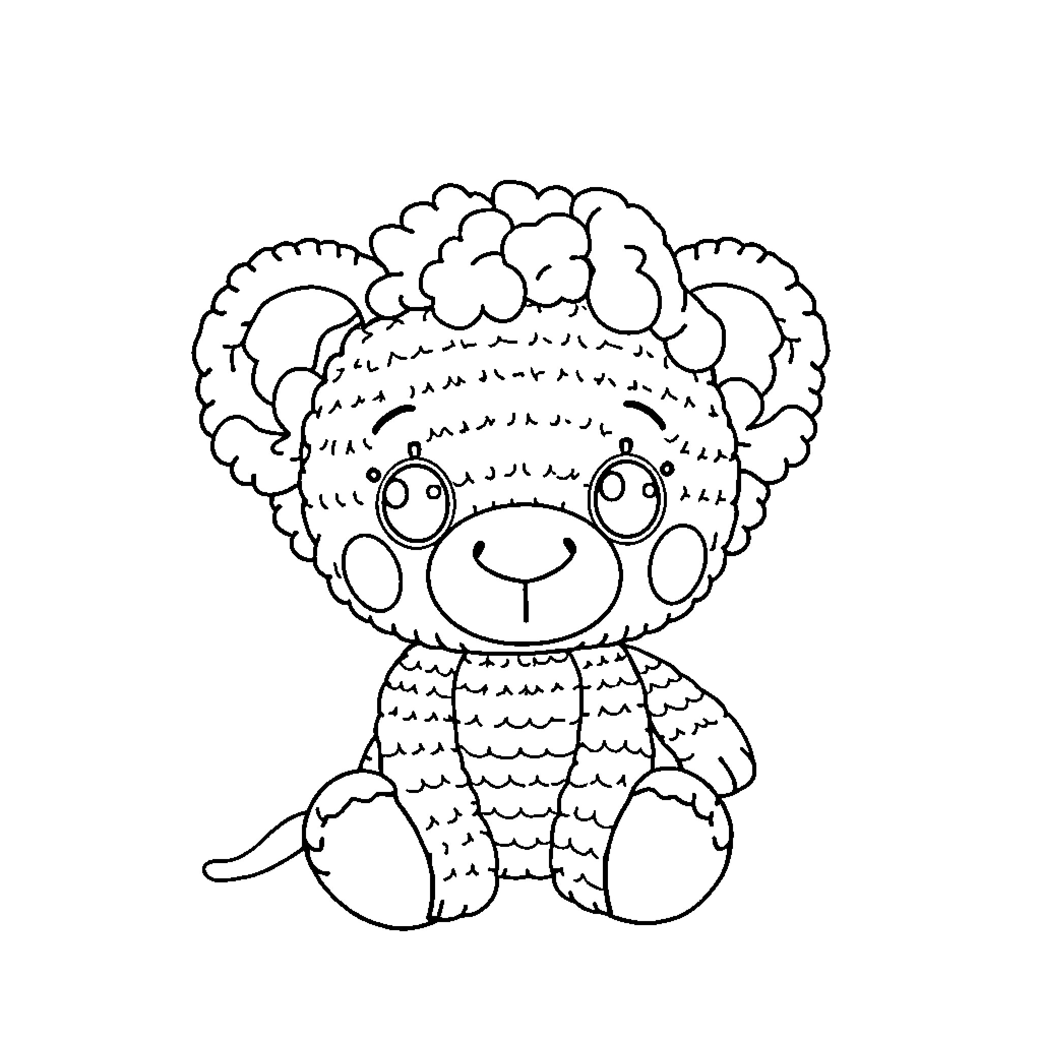 Amigurumi teddy bear sitting happily Coloring Page (free black-and-white line drawing printable PDF for all, from beginners to advanced learners, including children, teens, adults, and seniors)