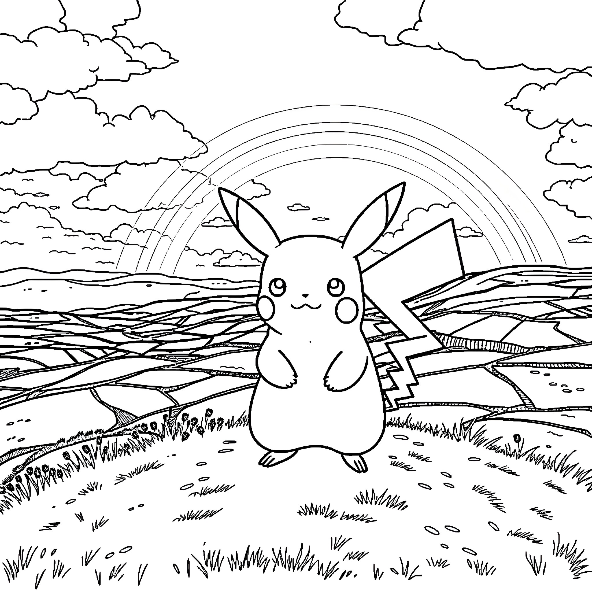 Pikachu enjoying the scenic landscape with a rainbow Coloring Page (free black-and-white line drawing printable PDF for all, from beginners to advanced learners, including children, teens, adults, and seniors)