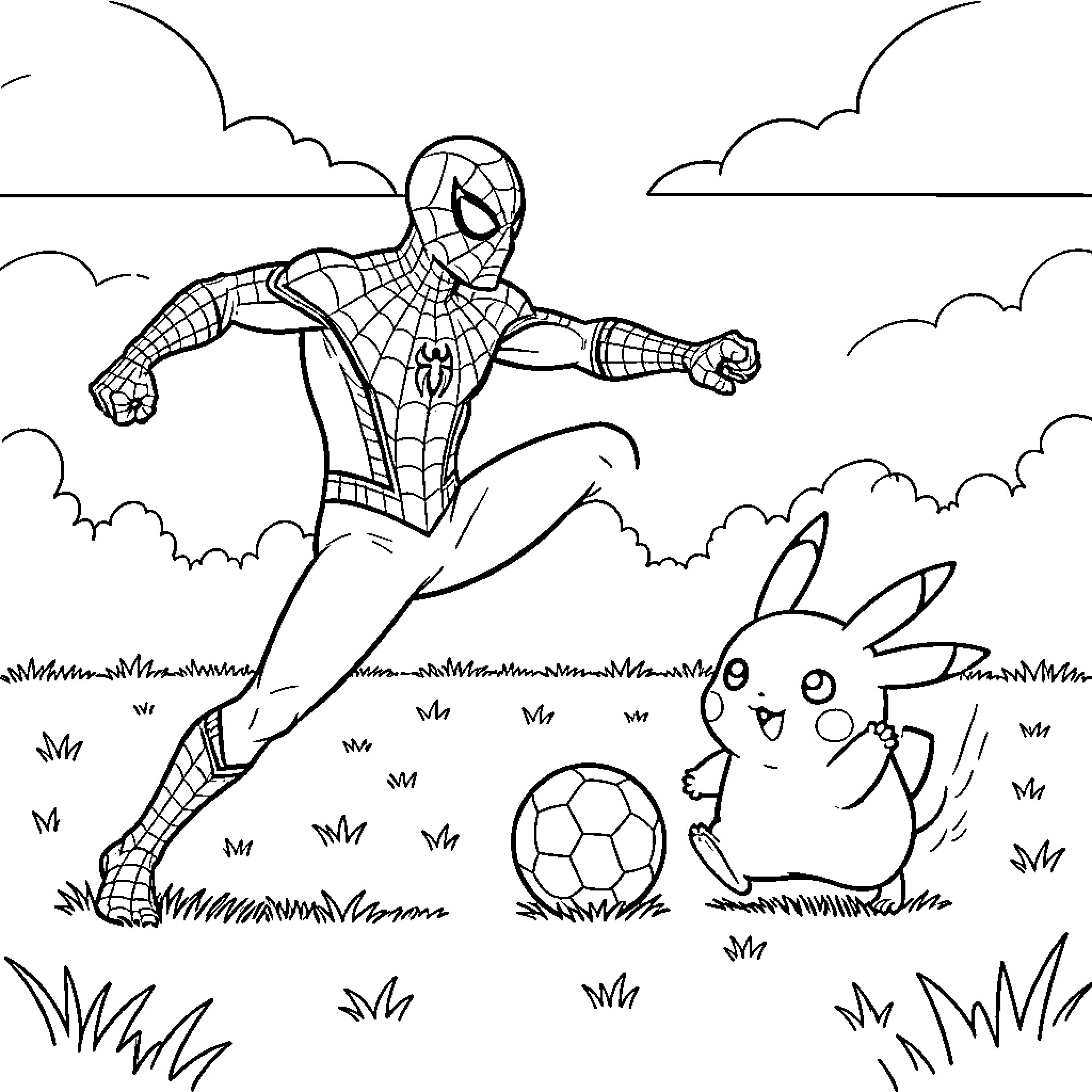 Spider-Man playing soccer with Pikachu in a field Coloring Page (free black-and-white line drawing printable PDF for all, from beginners to advanced learners, including children, teens, adults, and seniors)