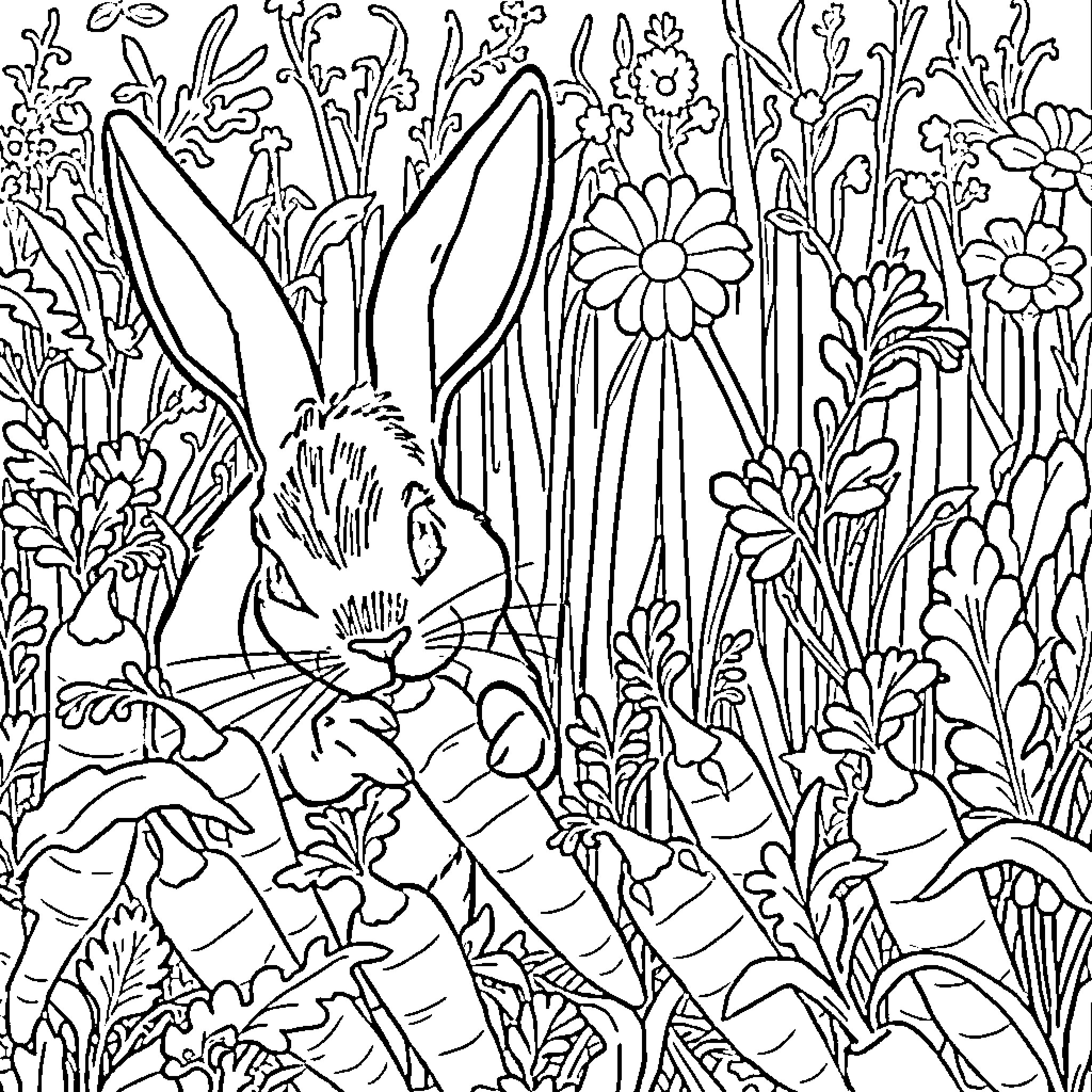 Rabbit hidden in the garden Coloring Page (free black-and-white line drawing printable PDF for all, from beginners to advanced learners, including children, teens, adults, and seniors)