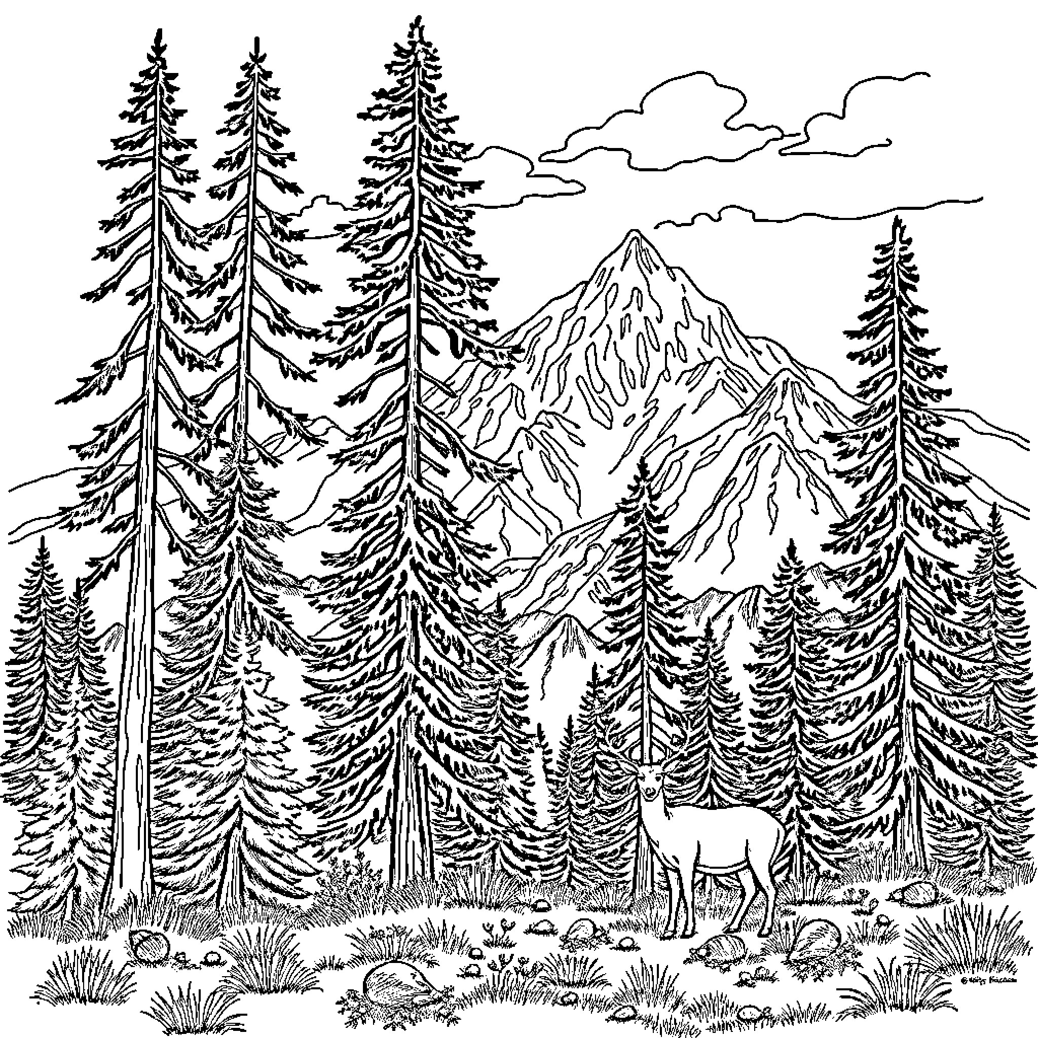 Deer grazing in a mountainous forest landscape Coloring Page (free black-and-white line drawing printable PDF for all, from beginners to advanced learners, including children, teens, adults, and seniors)