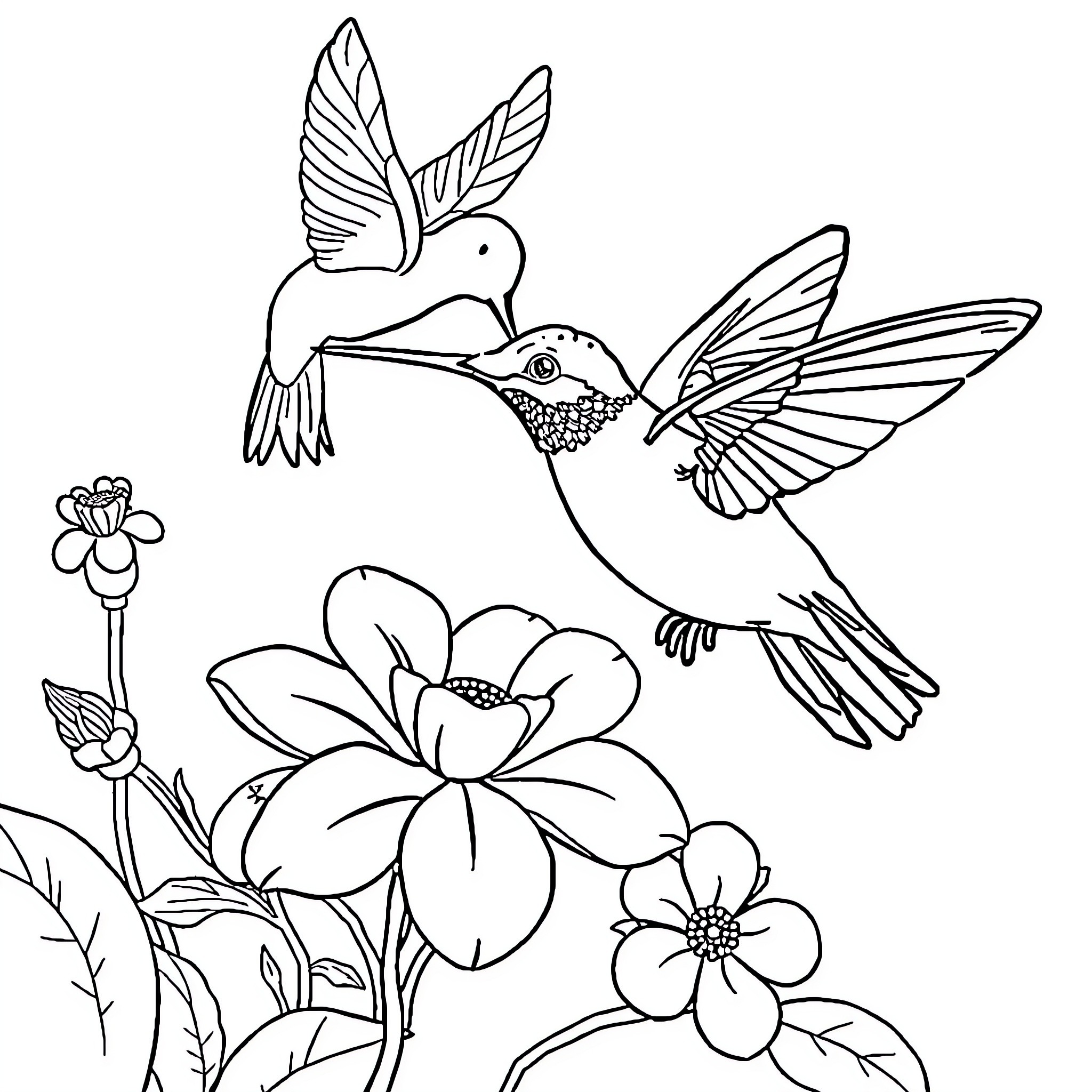 Hummingbirds dancing among vibrant flowers Coloring Page (free black-and-white line drawing printable PDF for all, from beginners to advanced learners, including children, teens, adults, and seniors)