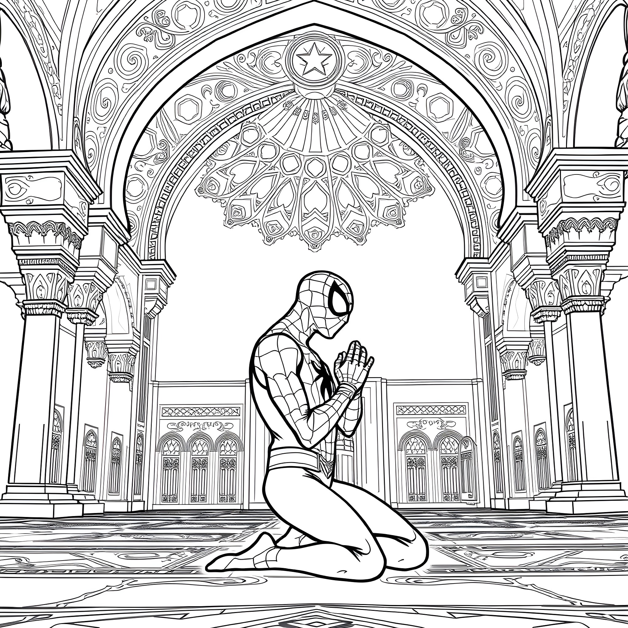 Spiderman praying in an ornate cathedral Coloring Page (free black-and-white line drawing printable PDF for all, from beginners to advanced learners, including children, teens, adults, and seniors)