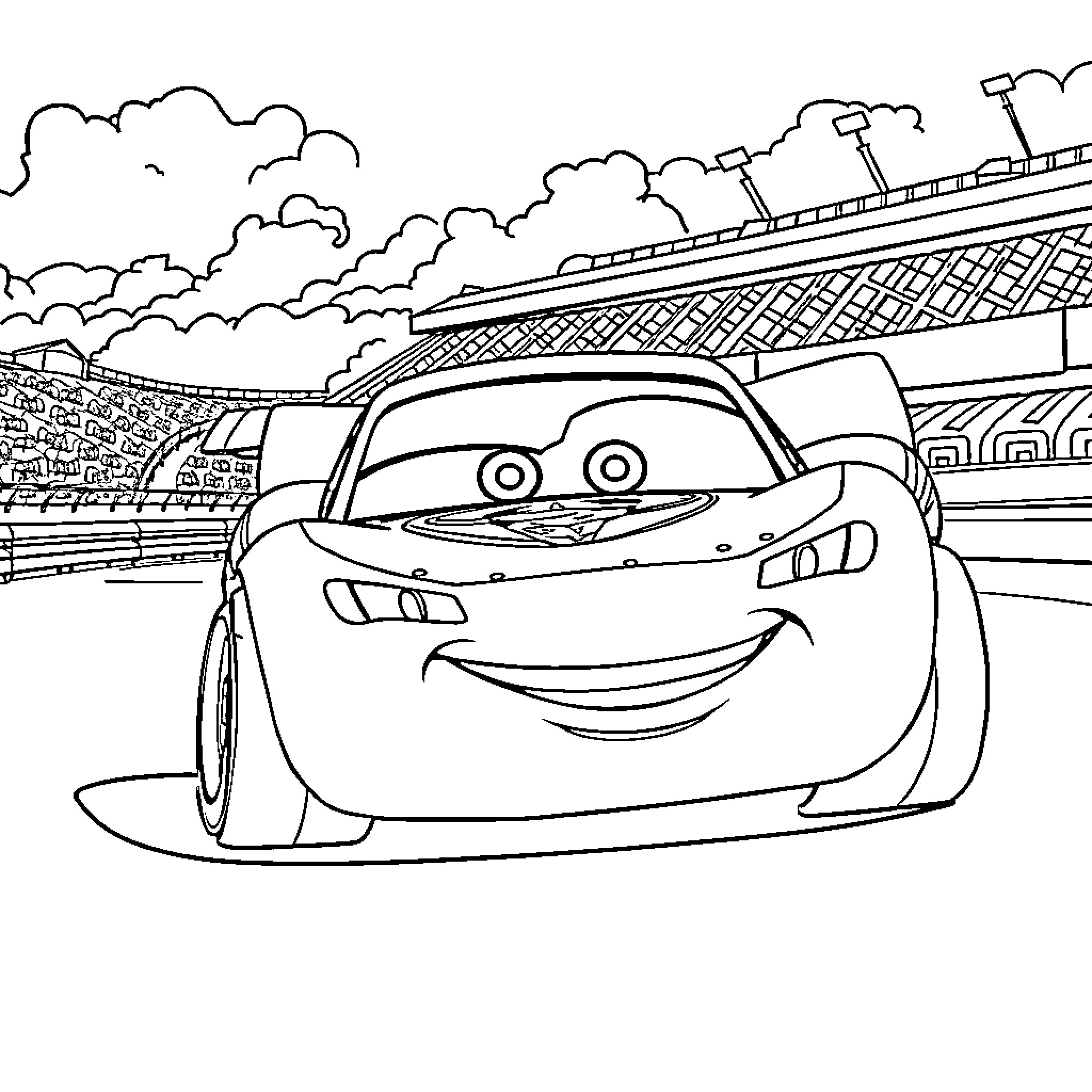 Lightning McQueen's Exuberant Racetrack Adventure Coloring Page (free black-and-white line drawing printable PDF for all, from beginners to advanced learners, including children, teens, adults, and seniors)