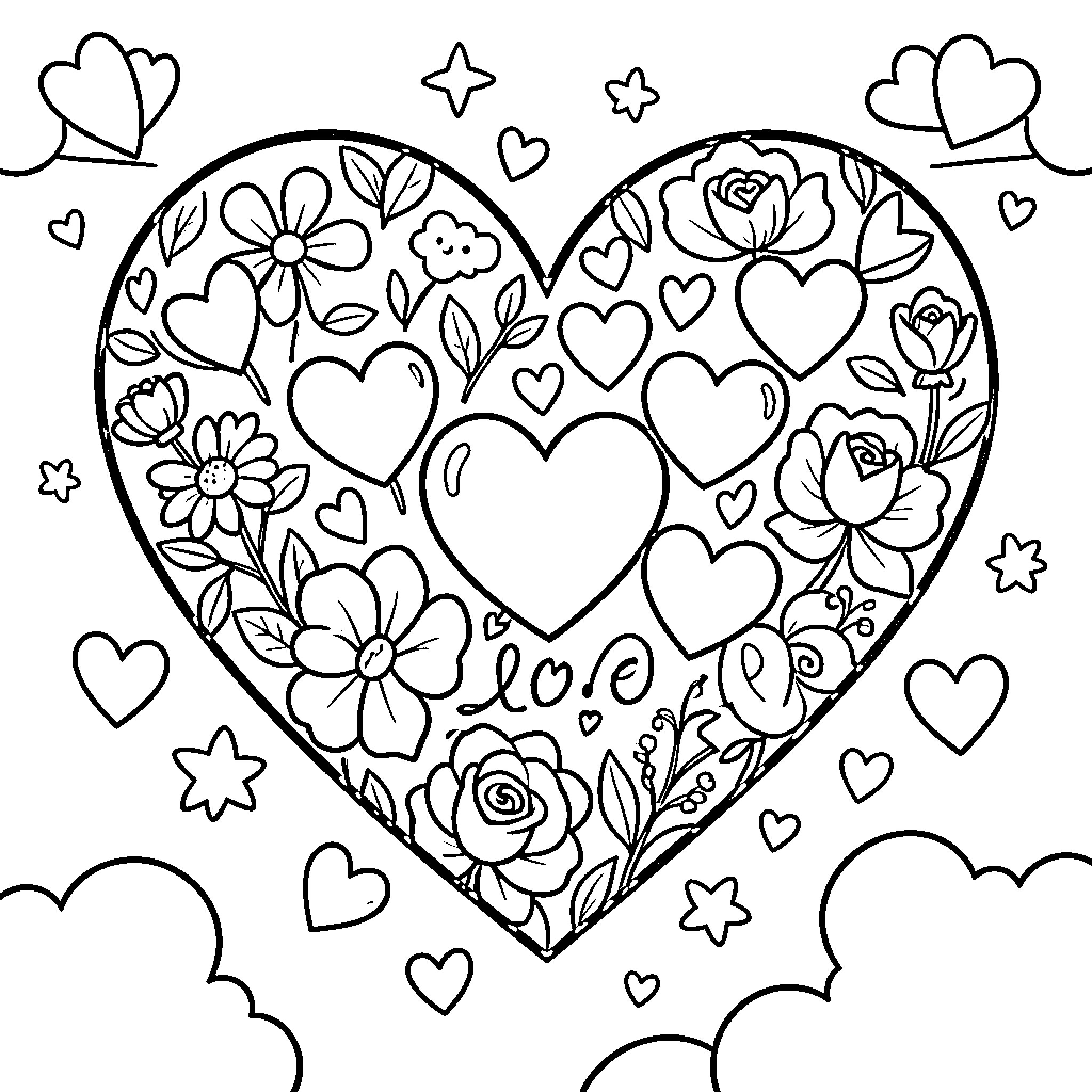 Heart-shaped floral pattern with hearts and stars Coloring Page (free black-and-white line drawing printable PDF for all, from beginners to advanced learners, including children, teens, adults, and seniors)