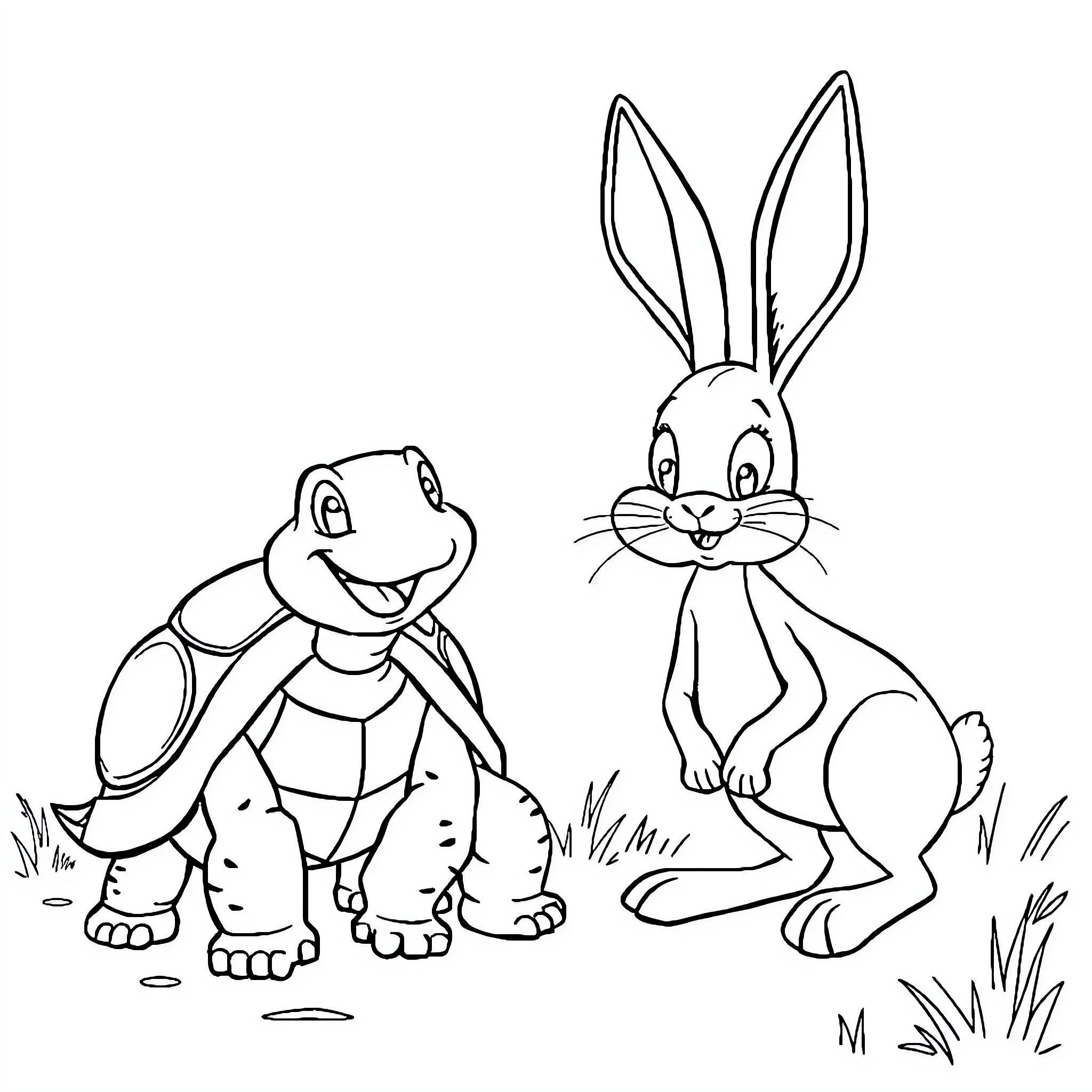 Tortoise and Rabbit Interacting in the Grass Coloring Page (free black-and-white line drawing printable PDF for all, from beginners to advanced learners, including children, teens, adults, and seniors)