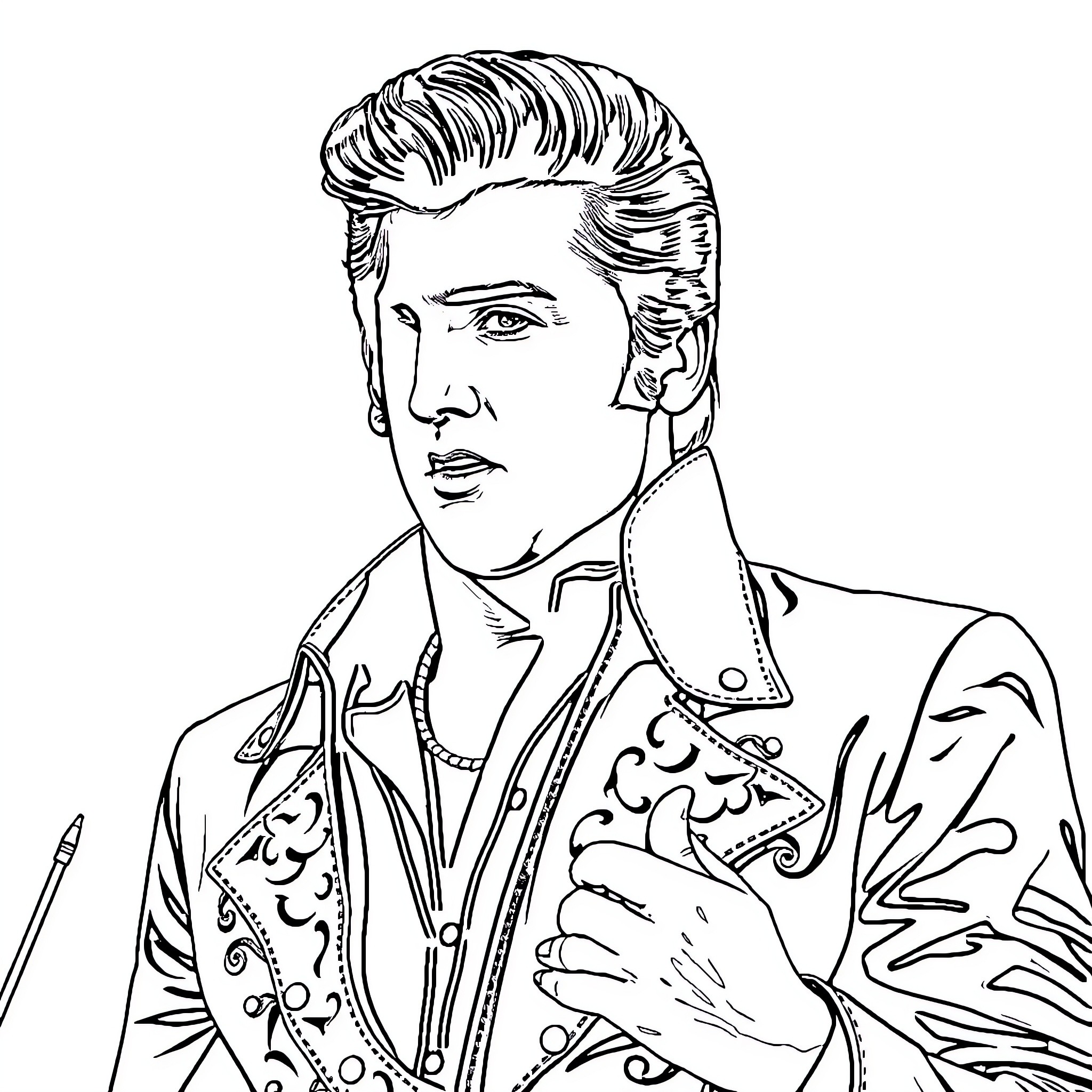 Elvis Presley performing on stage with distinctive styling Coloring Page (free black-and-white line drawing printable PDF for all, from beginners to advanced learners, including children, teens, adults, and seniors)