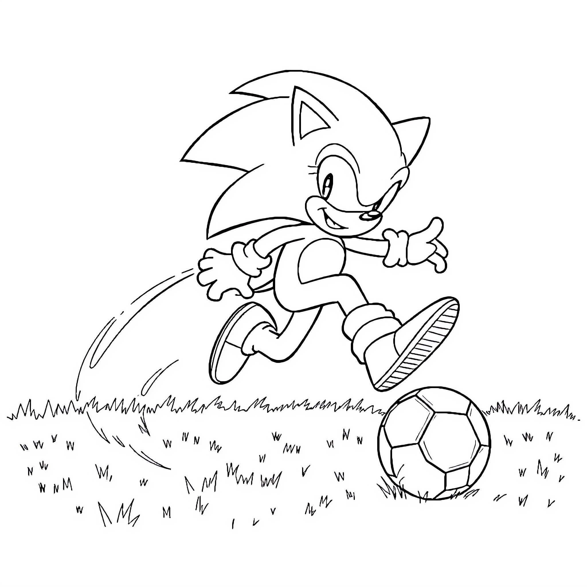 Sonic running excitedly with a soccer ball Coloring Page (free black-and-white line drawing printable PDF for all, from beginners to advanced learners, including children, teens, adults, and seniors)