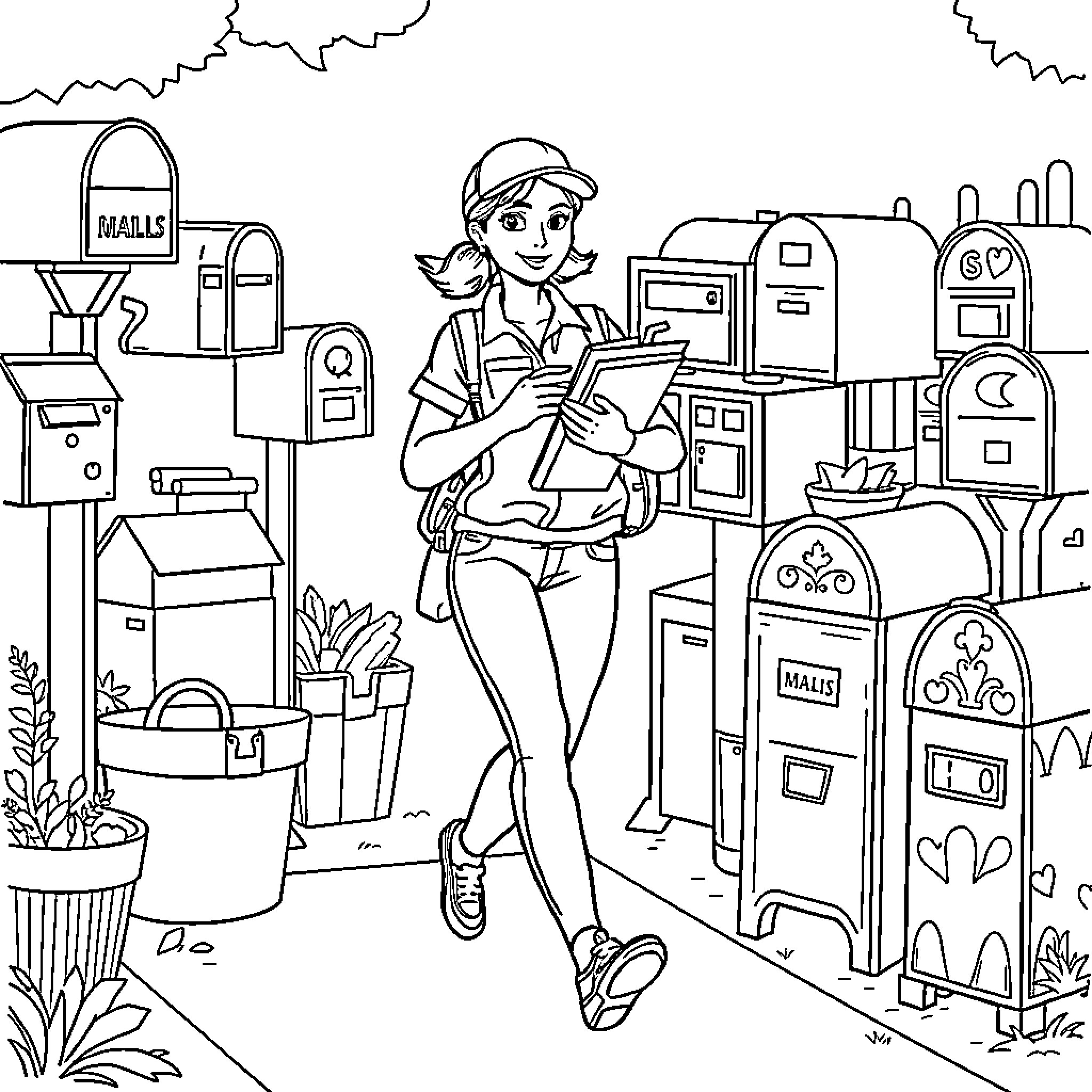 Mail Carrier Delivering Packages with Enthusiasm Coloring Page (free black-and-white line drawing printable PDF for all, from beginners to advanced learners, including children, teens, adults, and seniors)