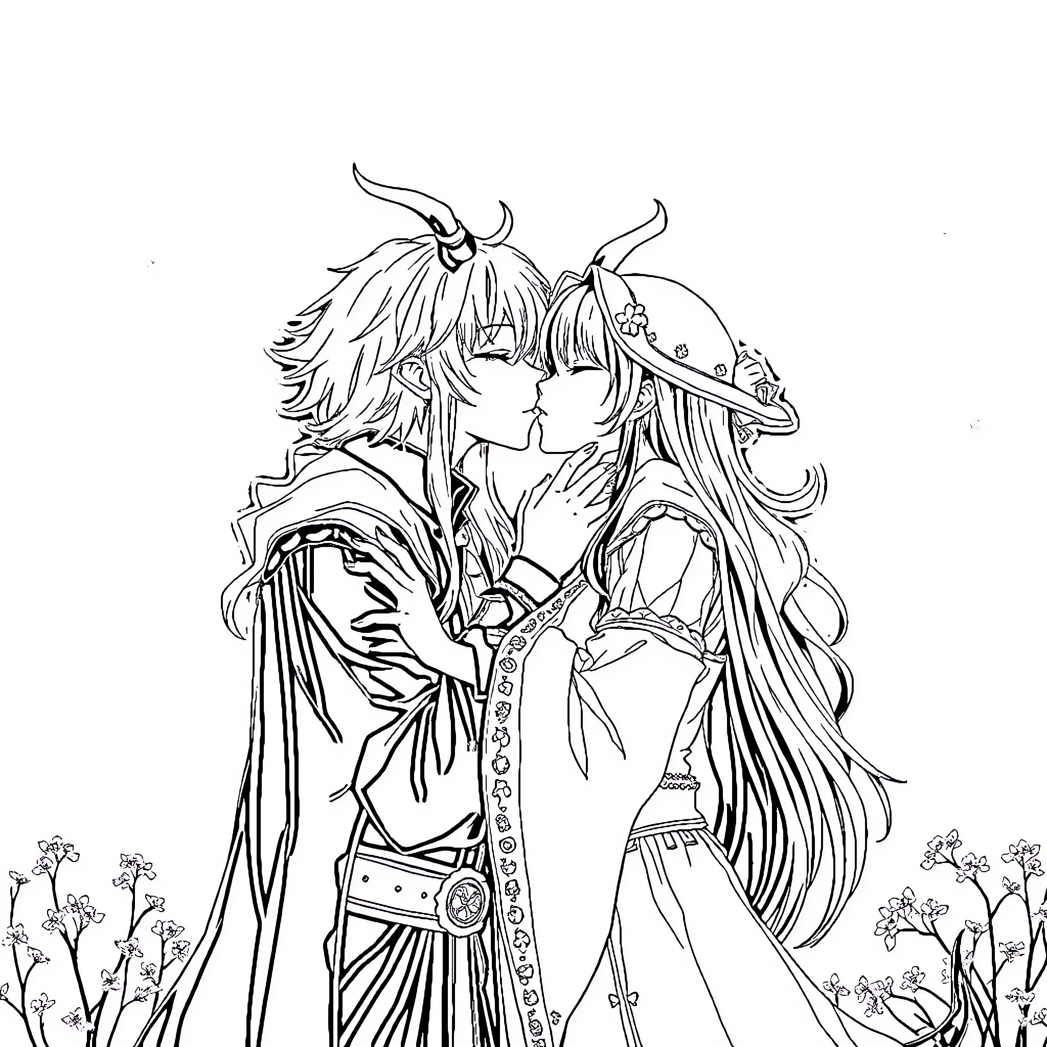 Kpop Demon Hunter - Powerful Duo in Dramatic Encounter Coloring Page (free black-and-white line drawing printable PDF for all, from beginners to advanced learners, including children, teens, adults, and seniors)