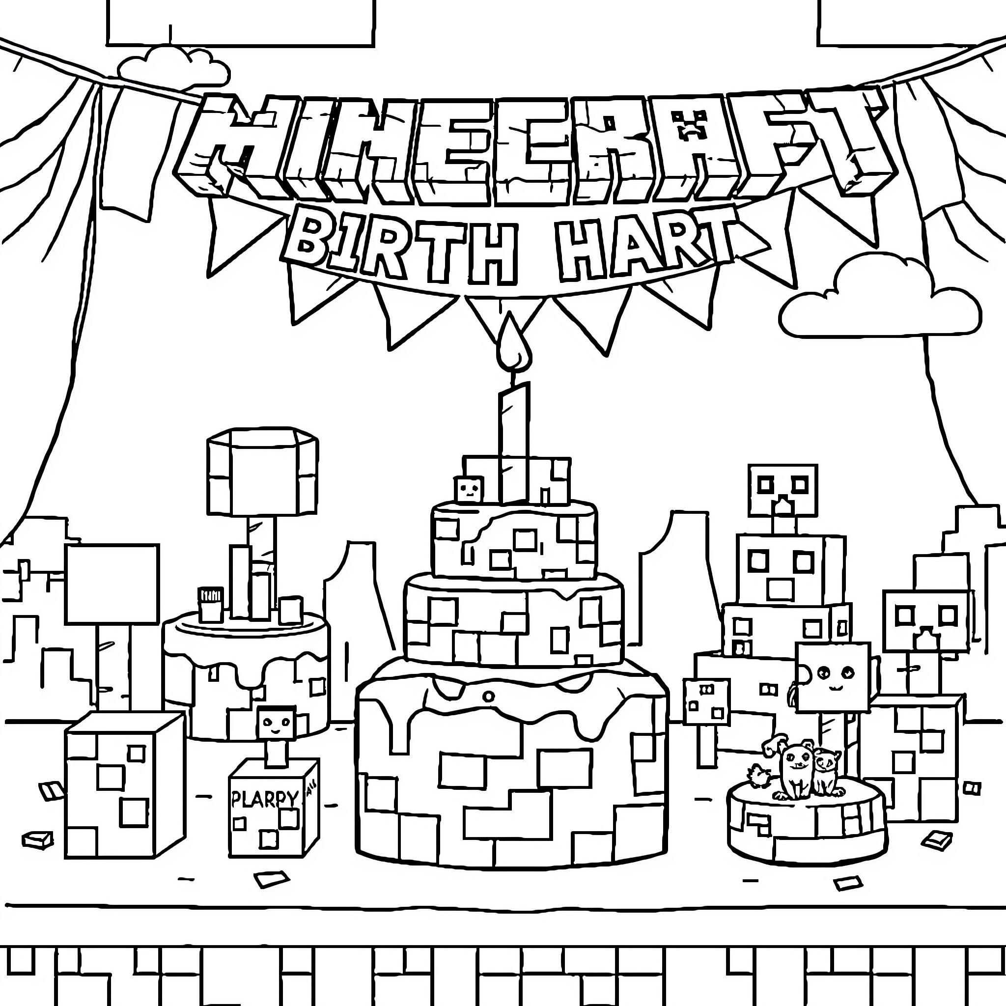 Minecraft Birthday Party Celebration Coloring Page (free black-and-white line drawing printable PDF for all, from beginners to advanced learners, including children, teens, adults, and seniors)