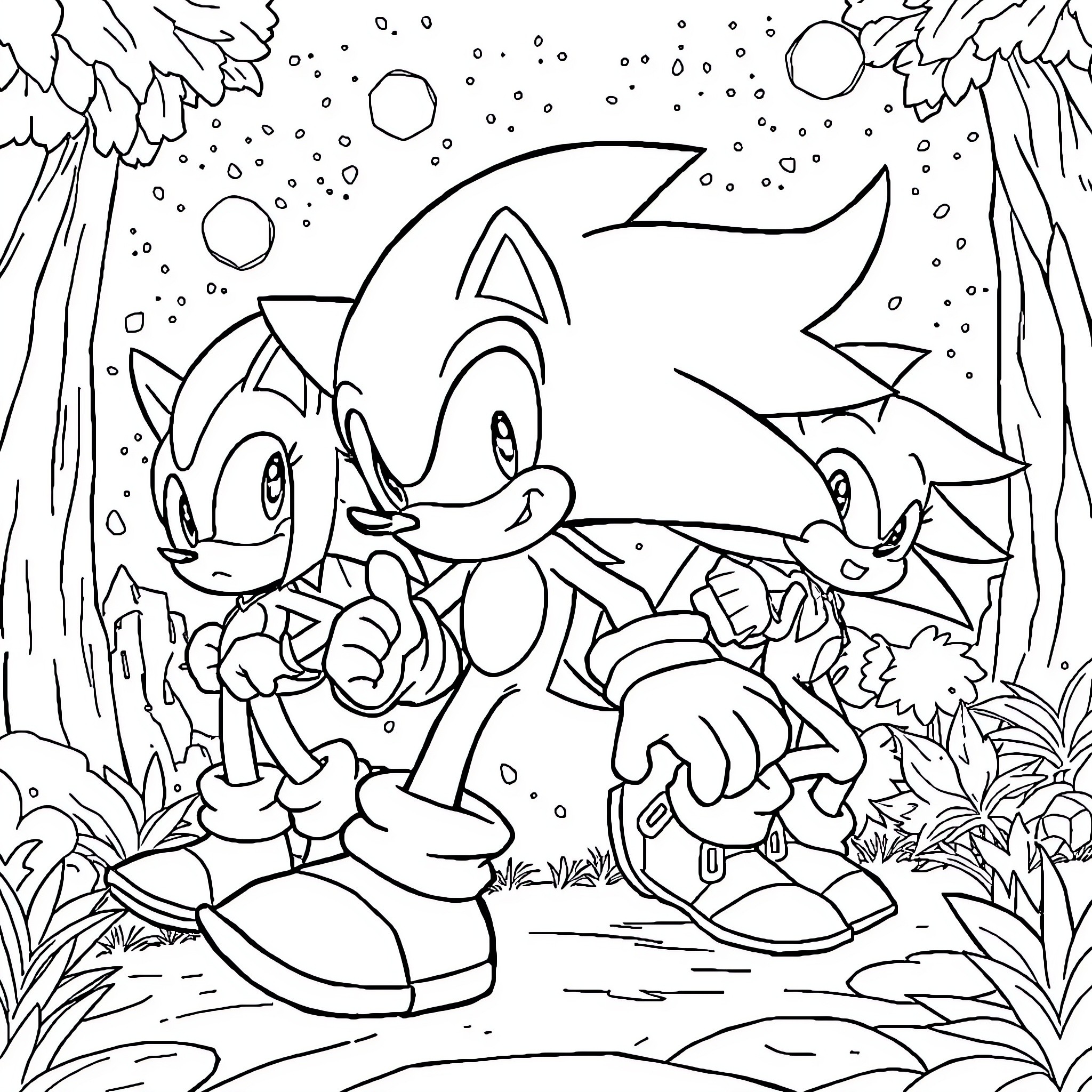 Sonic and Friends Explore the Enchanted Forest Coloring Page (free black-and-white line drawing printable PDF for all, from beginners to advanced learners, including children, teens, adults, and seniors)