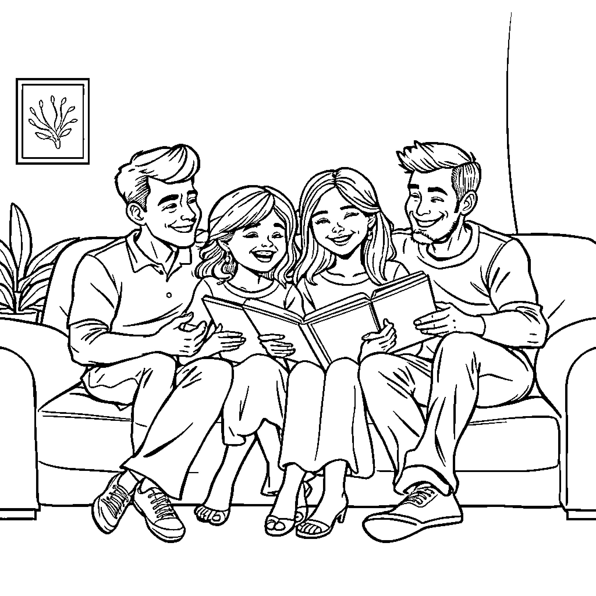 Family enjoying quality time reading together Coloring Page (free black-and-white line drawing printable PDF for all, from beginners to advanced learners, including children, teens, adults, and seniors)