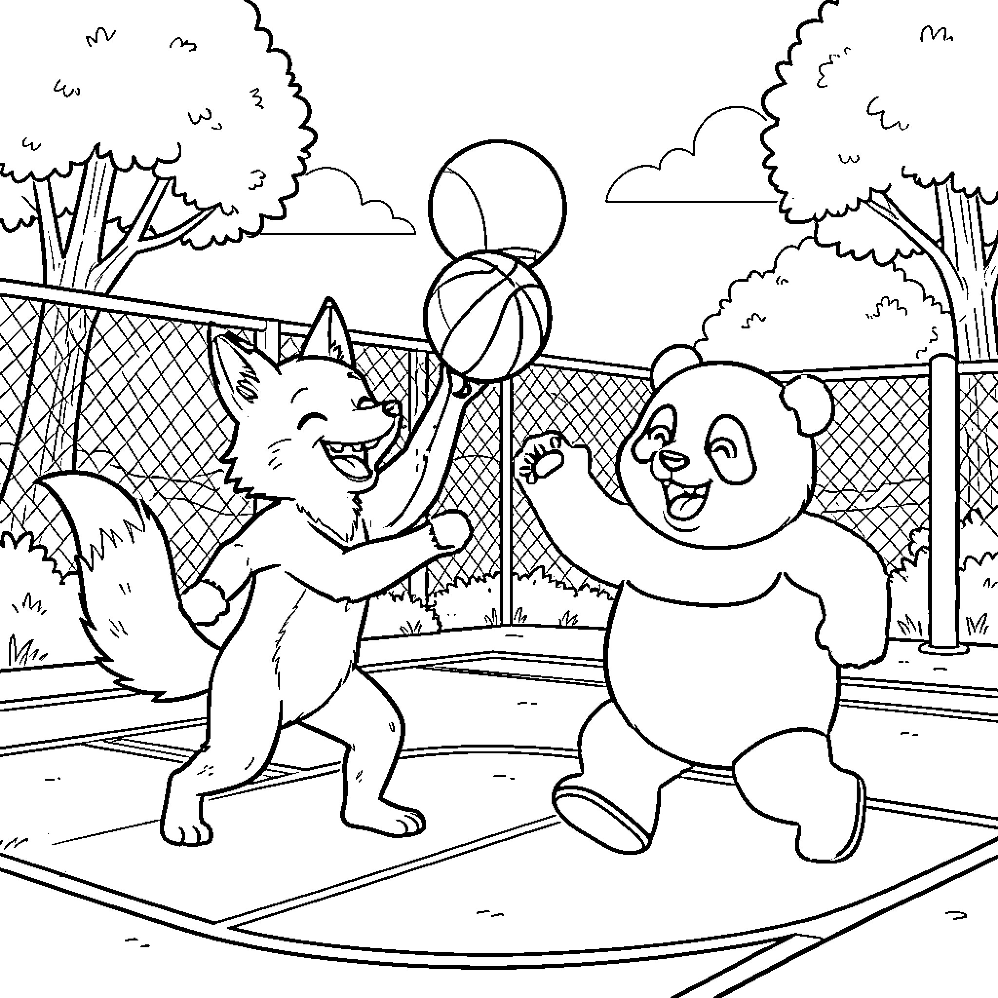 Fox and panda playing basketball together on a court Coloring Page (free black-and-white line drawing printable PDF for all, from beginners to advanced learners, including children, teens, adults, and seniors)