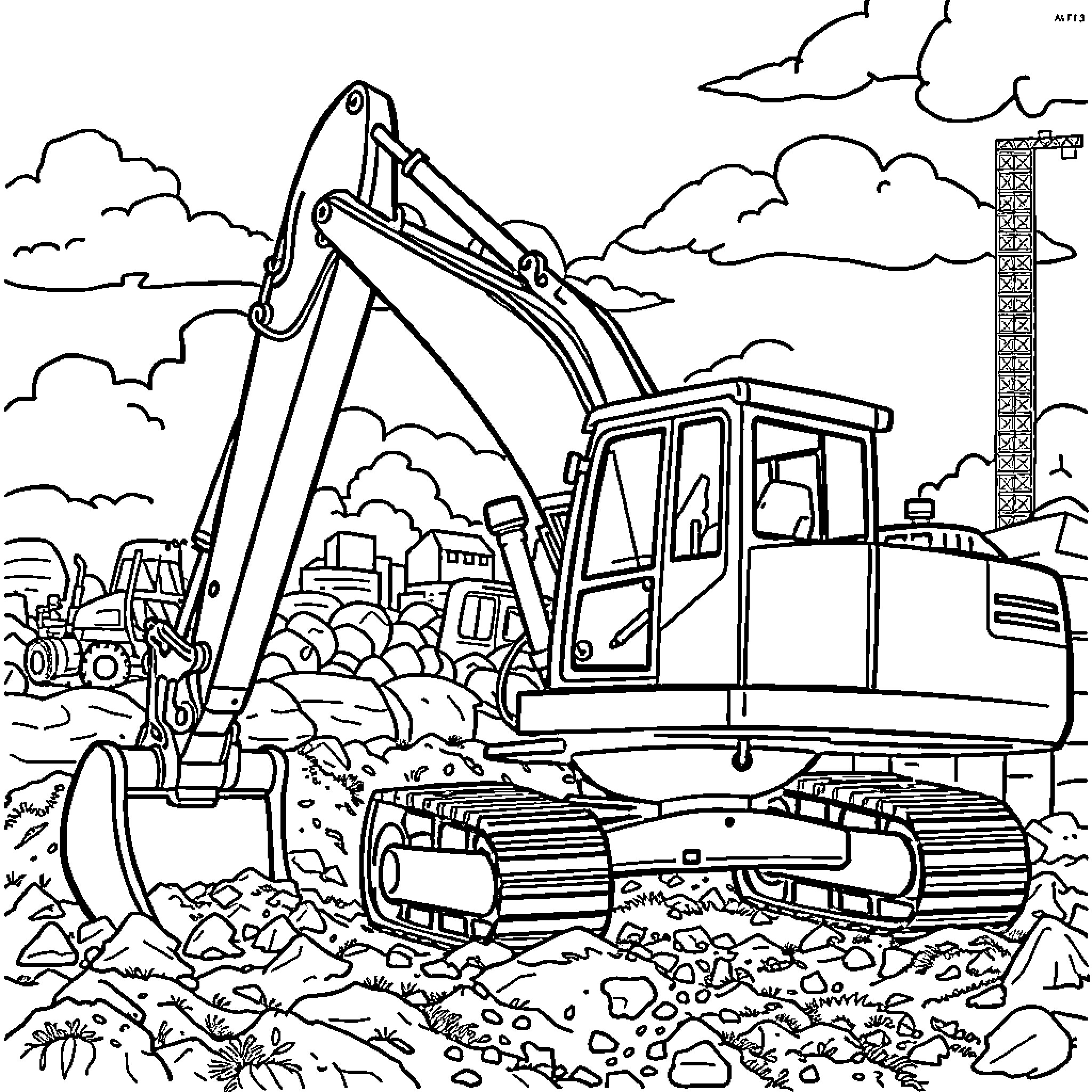 Excavator working at construction site Coloring Page (free black-and-white line drawing printable PDF for all, from beginners to advanced learners, including children, teens, adults, and seniors)