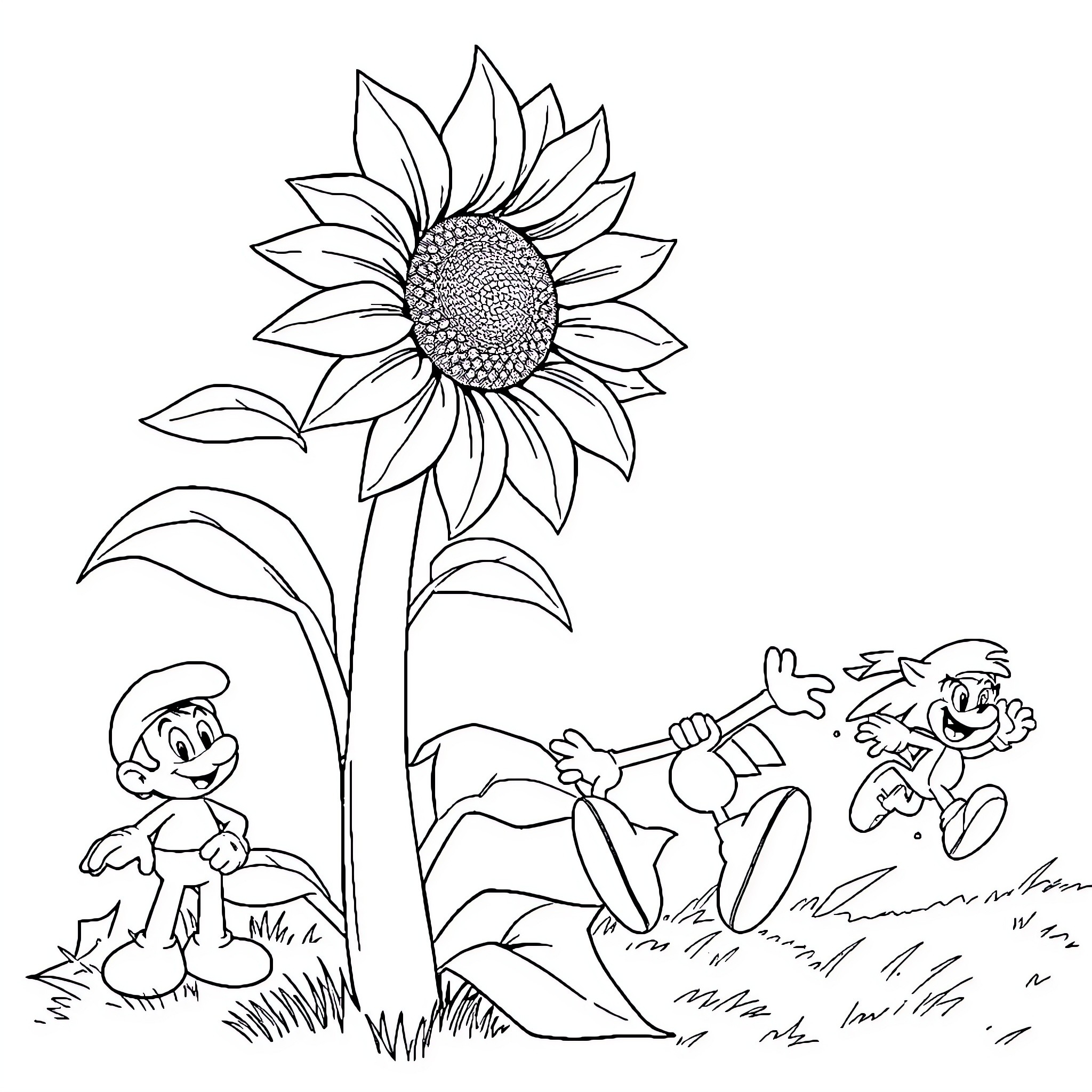 Sunflower scene with playful characters Coloring Page (free black-and-white line drawing printable PDF for all, from beginners to advanced learners, including children, teens, adults, and seniors)