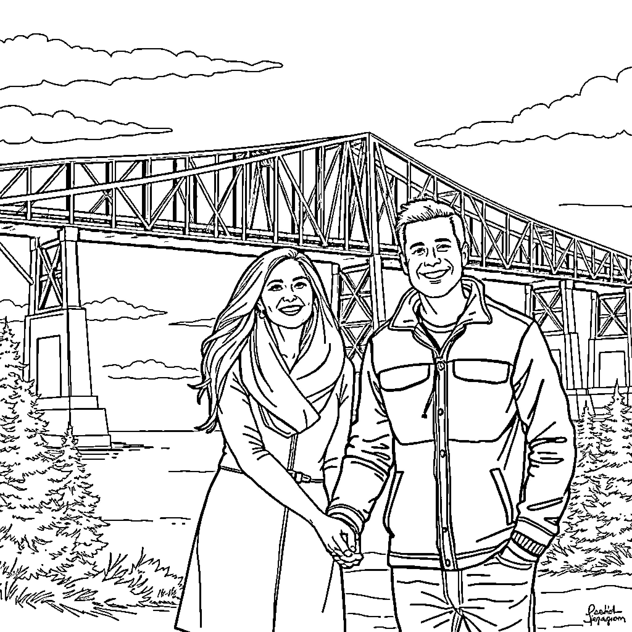Couple standing in front of a bridge Coloring Page (free black-and-white line drawing printable PDF for all, from beginners to advanced learners, including children, teens, adults, and seniors)