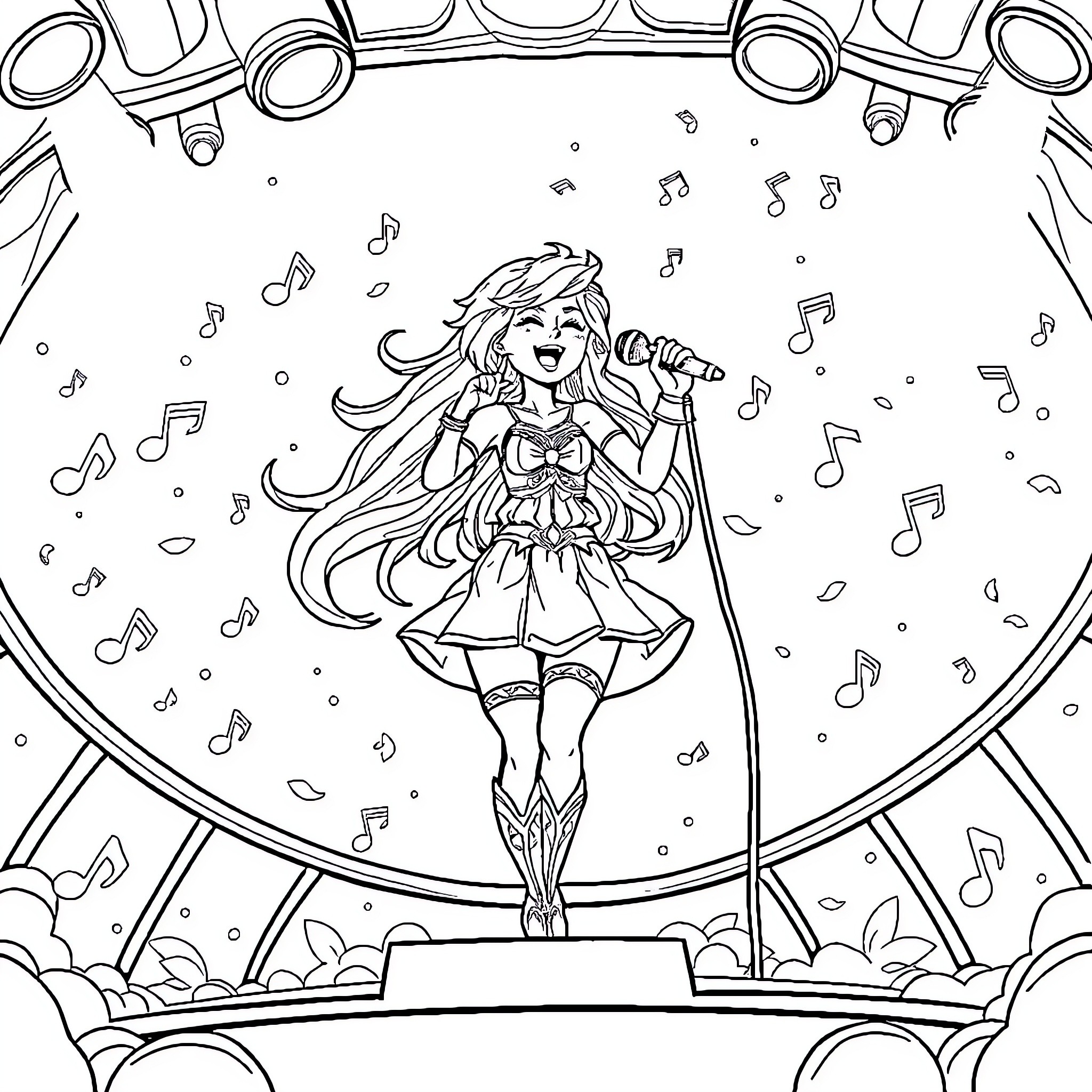 Seraphine Performing on Stage with Musical Notes Coloring Page (free black-and-white line drawing printable PDF for all, from beginners to advanced learners, including children, teens, adults, and seniors)