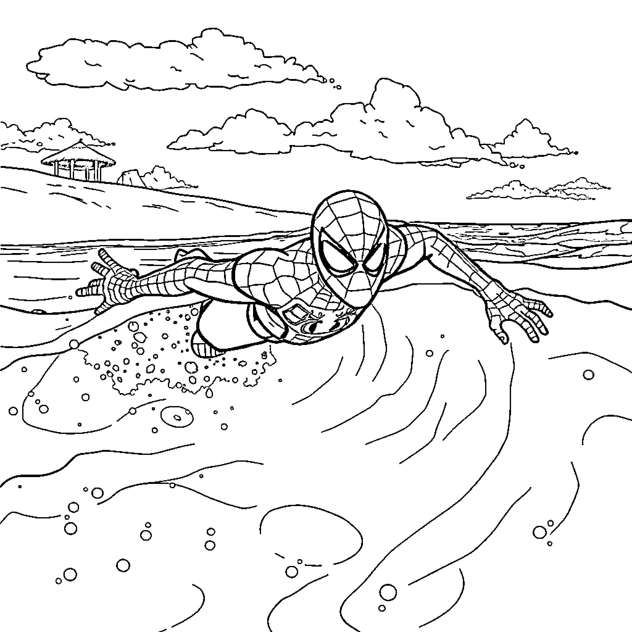 Spiderman surfing the waves on a beach Coloring Page (free black-and-white line drawing printable PDF for all, from beginners to advanced learners, including children, teens, adults, and seniors)