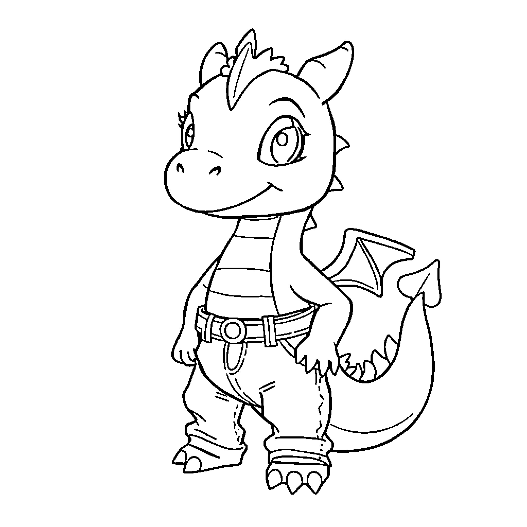 Dragon character in adventurous outfit Coloring Page (free black-and-white line drawing printable PDF for all, from beginners to advanced learners, including children, teens, adults, and seniors)