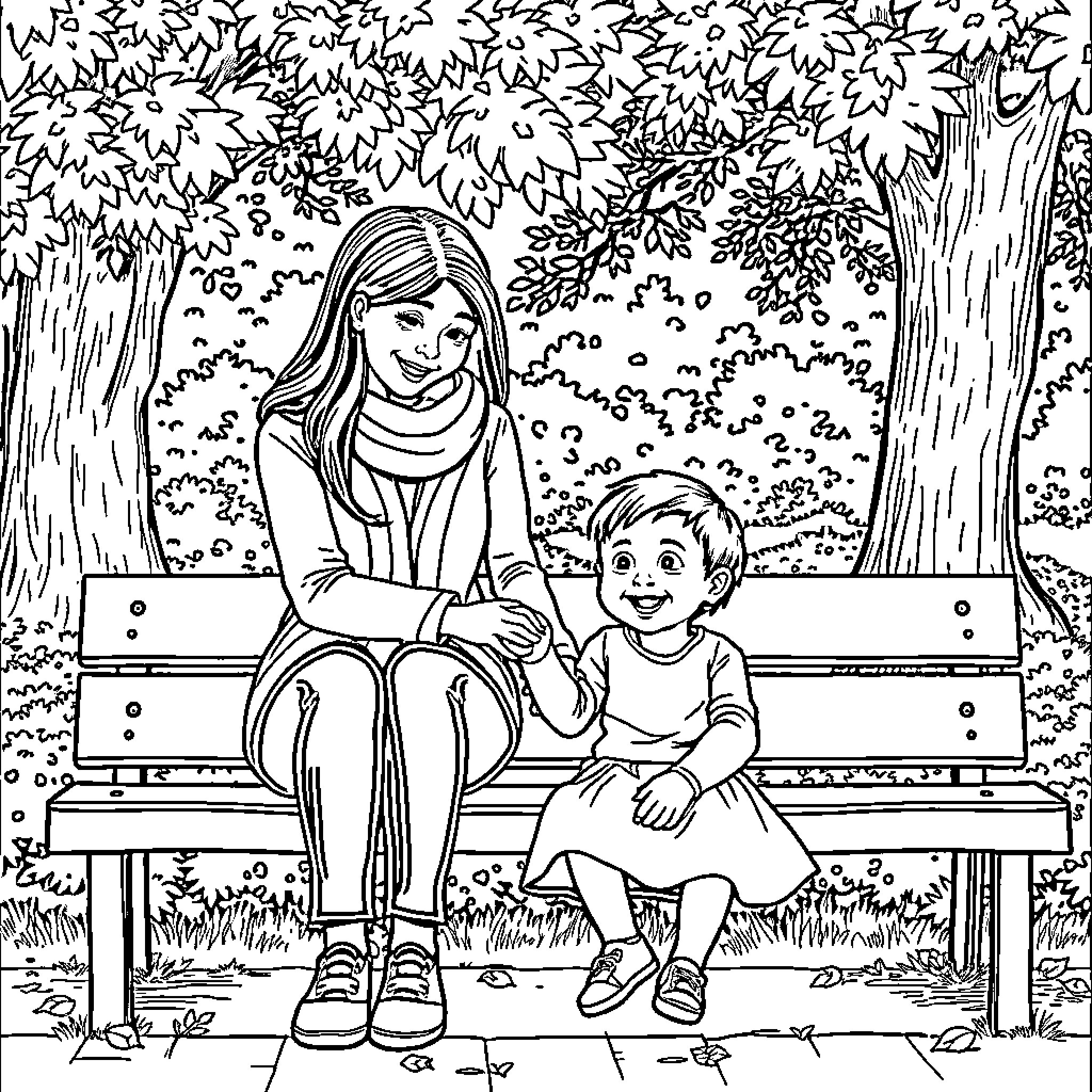 Child and adult enjoying a serene outdoor setting Coloring Page (free black-and-white line drawing printable PDF for all, from beginners to advanced learners, including children, teens, adults, and seniors)