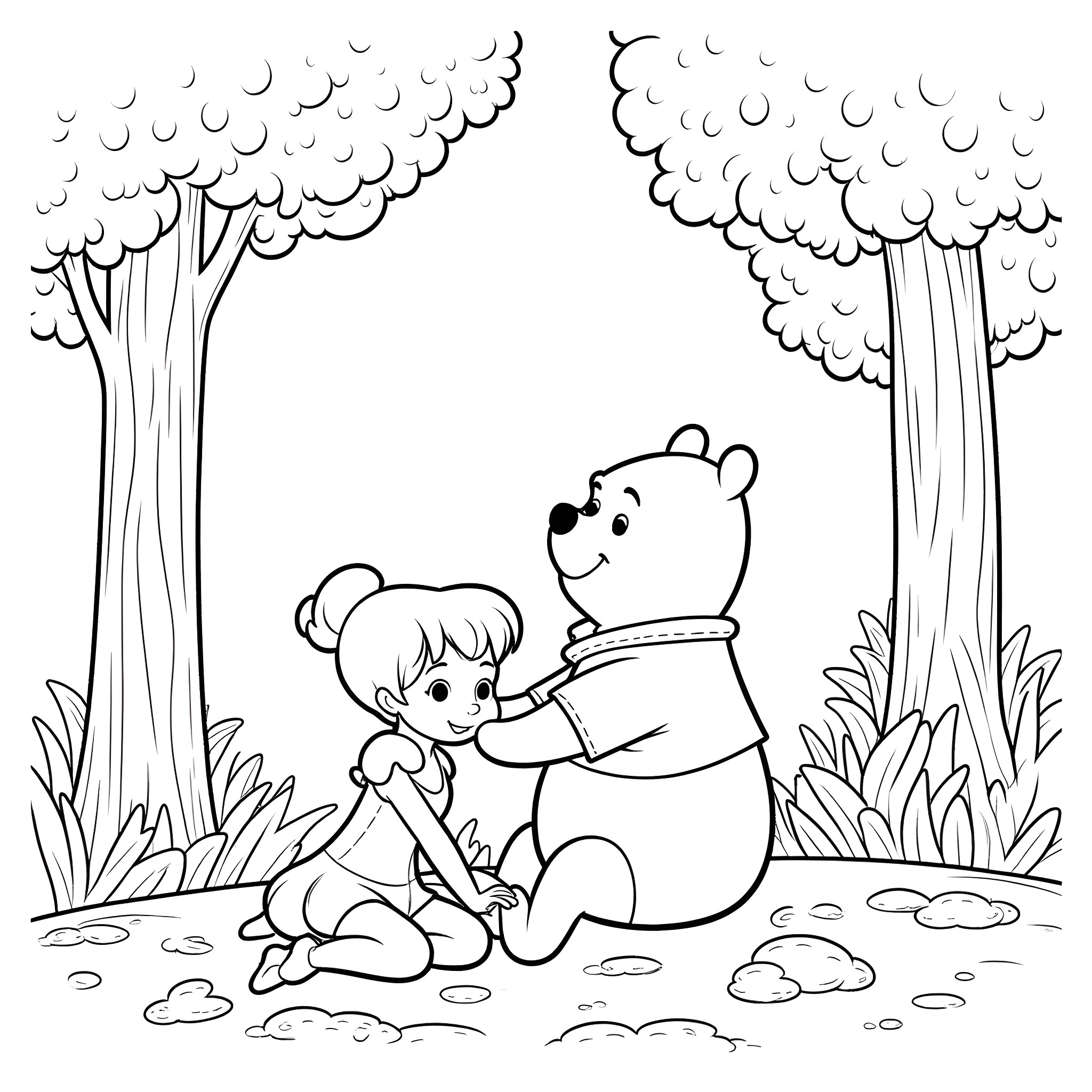 Tinkerbell playing with a friendly bear in the forest Coloring Page (free black-and-white line drawing printable PDF for all, from beginners to advanced learners, including children, teens, adults, and seniors)