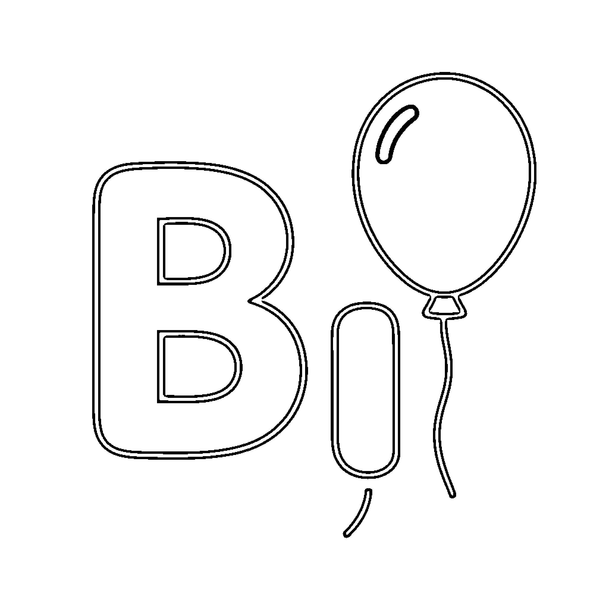 Letter B standing next to a floating balloon Coloring Page (free black-and-white line drawing printable PDF for all, from beginners to advanced learners, including children, teens, adults, and seniors)
