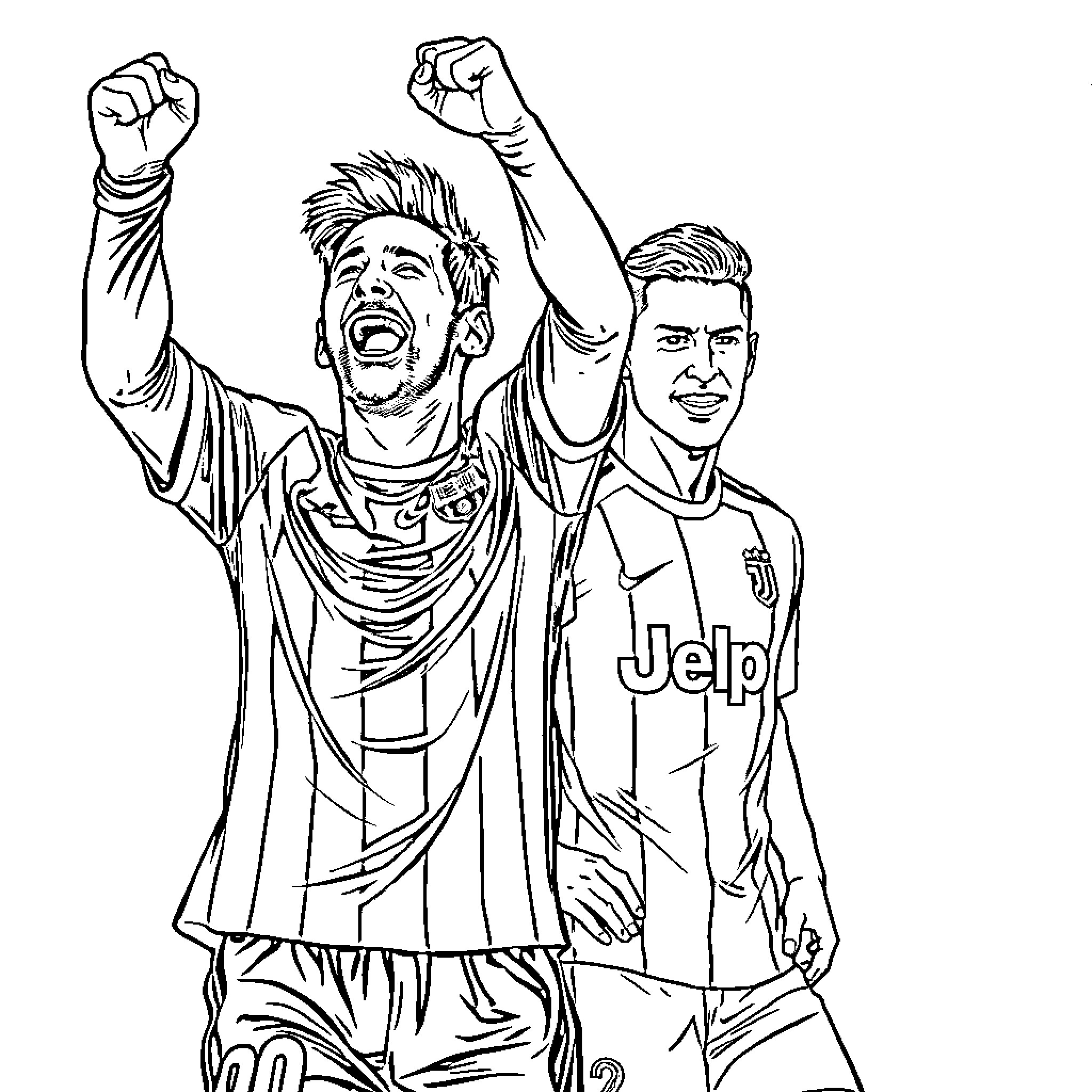 Lionel Messi and teammate celebrating victory Coloring Page (free black-and-white line drawing printable PDF for all, from beginners to advanced learners, including children, teens, adults, and seniors)