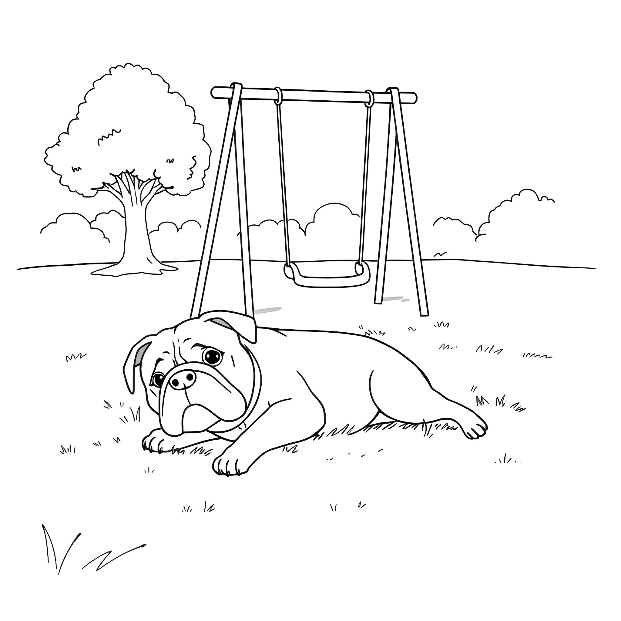 Bulldog relaxing in the park Coloring Page (free black-and-white line drawing printable PDF for all, from beginners to advanced learners, including children, teens, adults, and seniors)