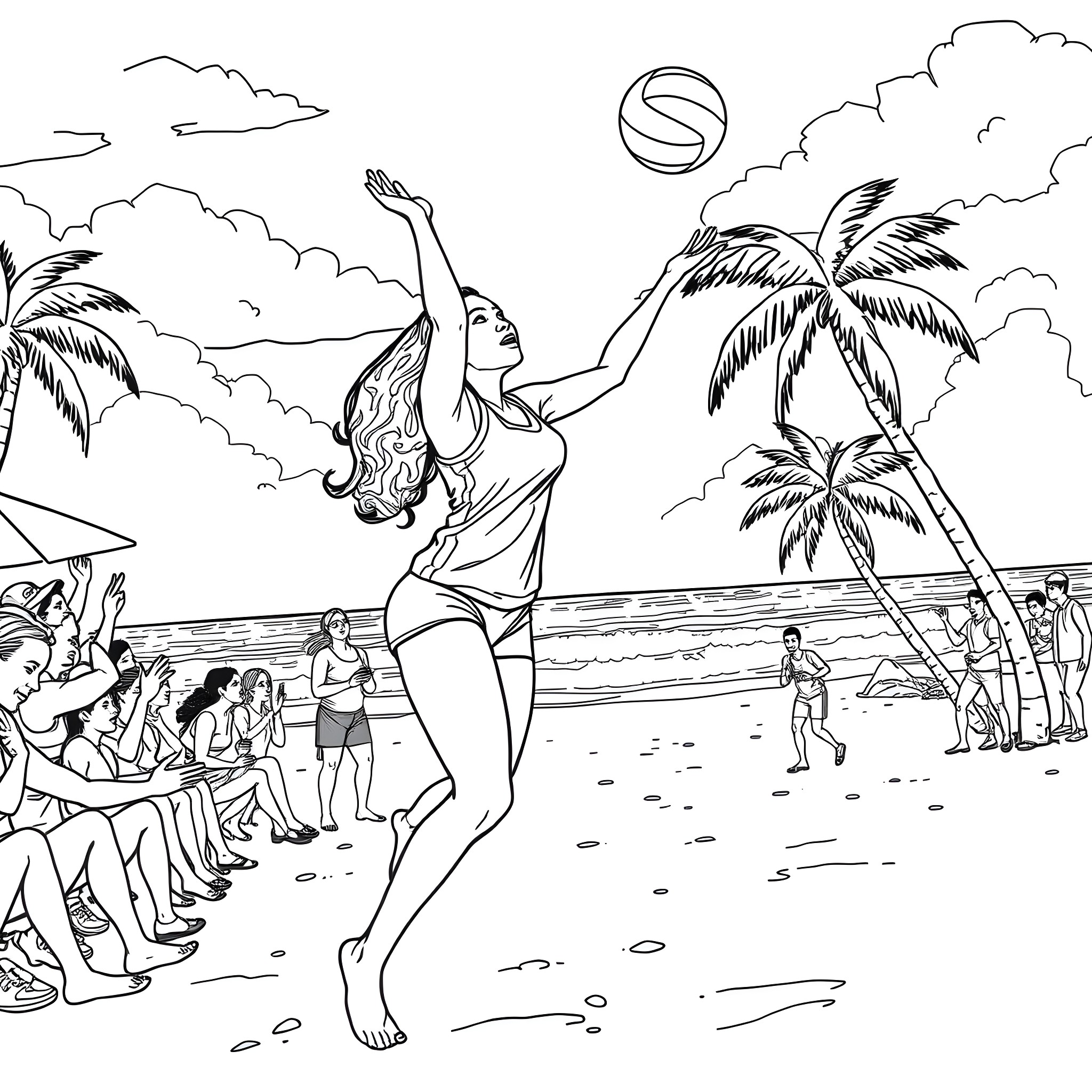 Maya Jama enjoying a beach day with friends Coloring Page (free black-and-white line drawing printable PDF for all, from beginners to advanced learners, including children, teens, adults, and seniors)