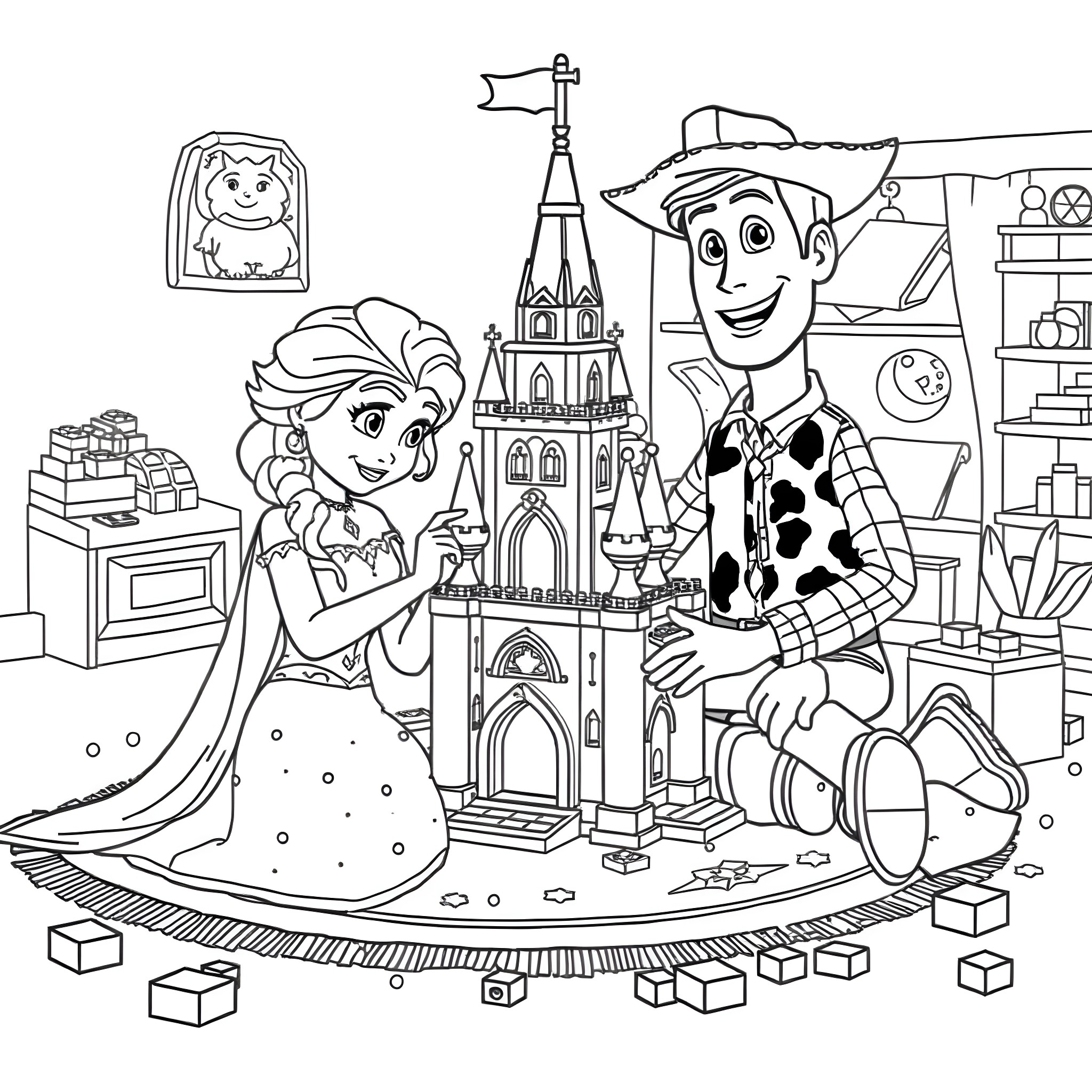 Elsa and Woody Enjoying a Toy Castle Adventure Coloring Page (free black-and-white line drawing printable PDF for all, from beginners to advanced learners, including children, teens, adults, and seniors)