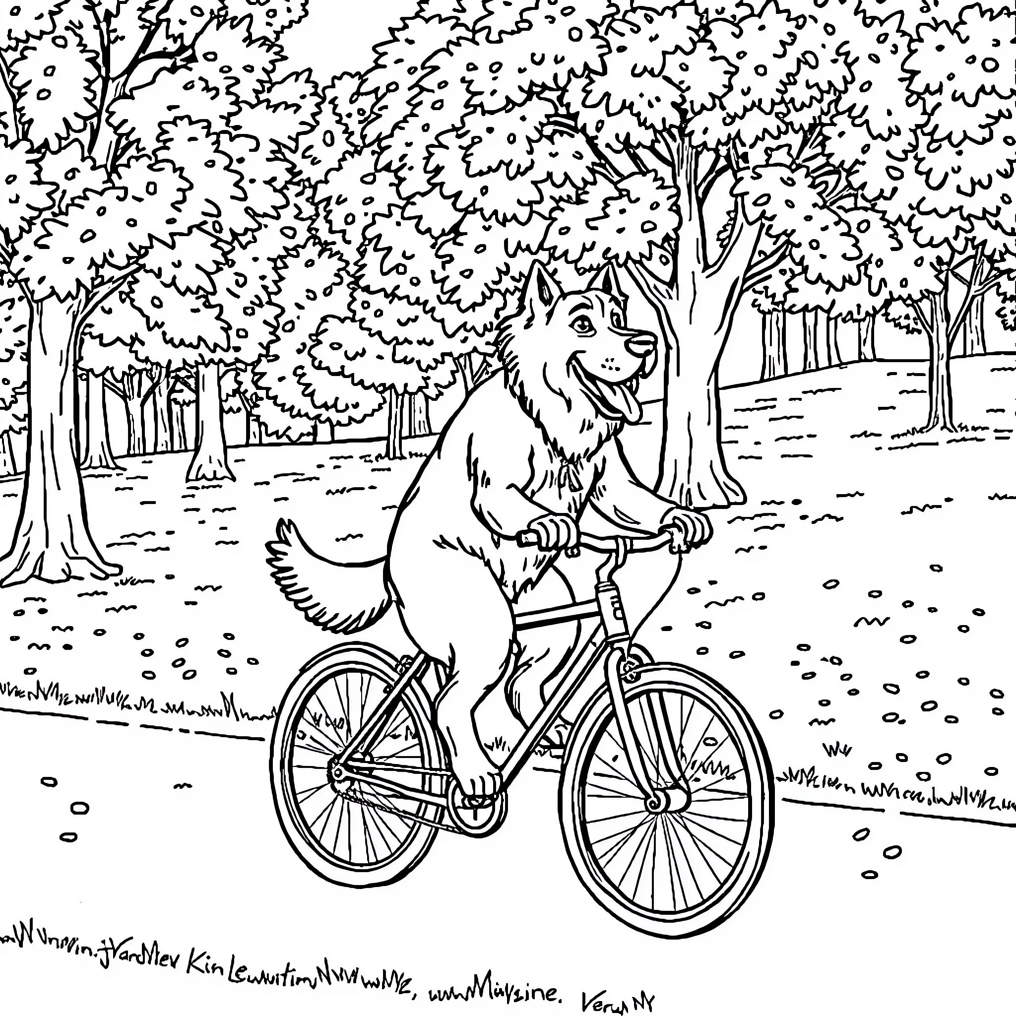 Dog riding a bicycle in the forest Coloring Page (free black-and-white line drawing printable PDF for all, from beginners to advanced learners, including children, teens, adults, and seniors)