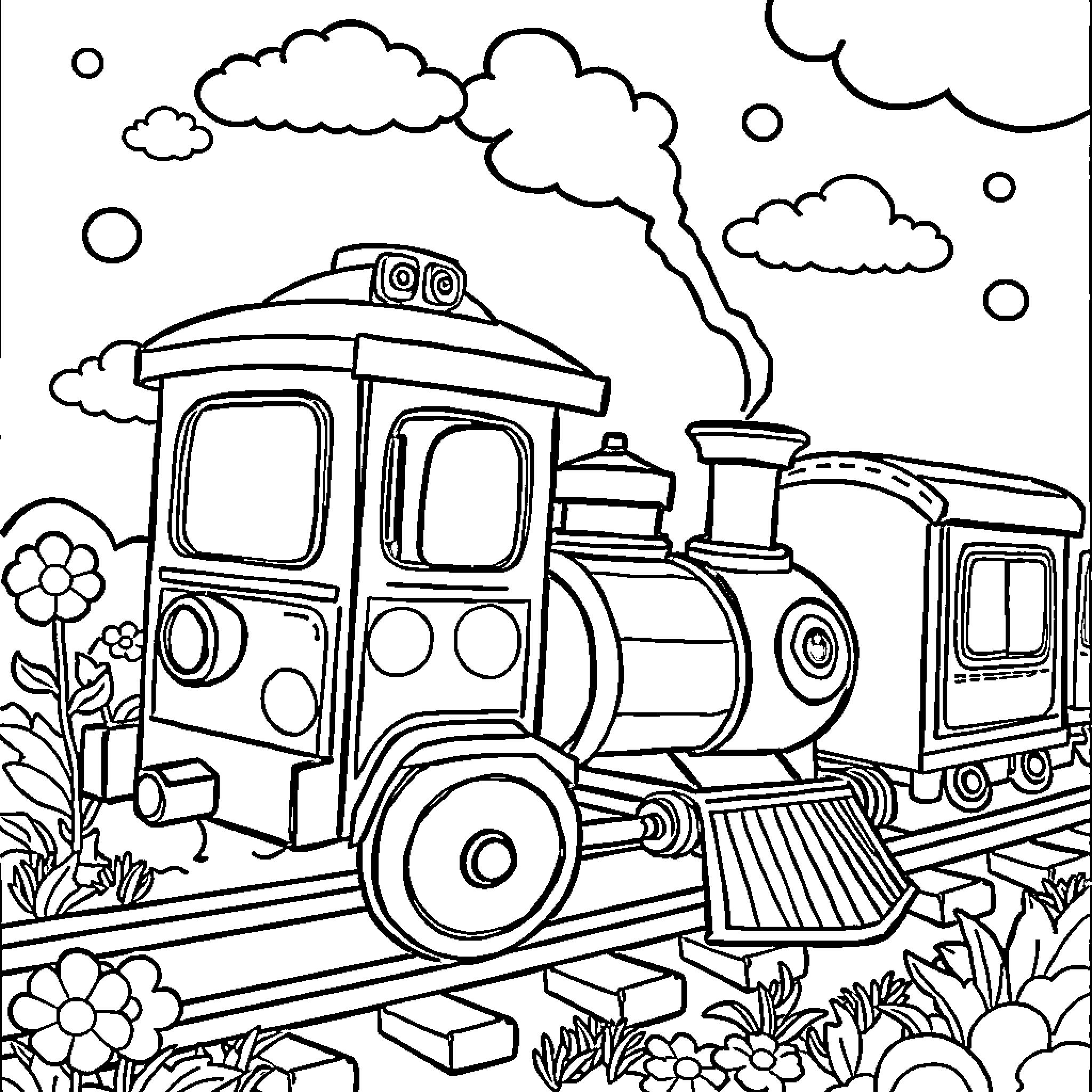 Payaso Train Traveling Through Whimsical Landscape Coloring Page (free black-and-white line drawing printable PDF for all, from beginners to advanced learners, including children, teens, adults, and seniors)
