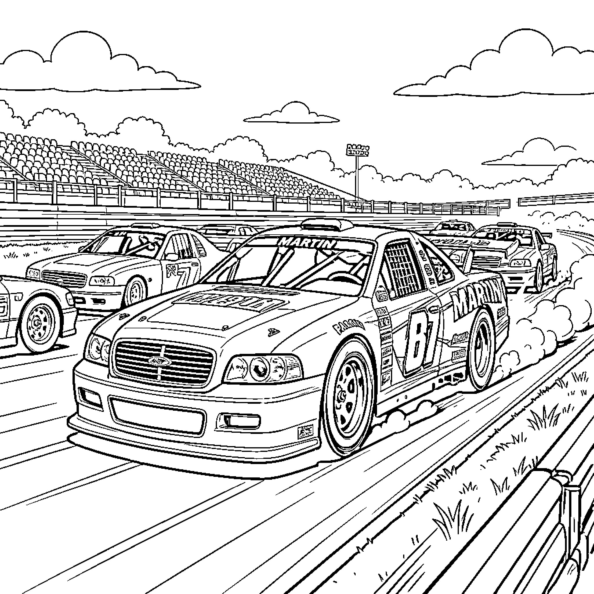 Race Trucks Speeding Around the Track Coloring Page (free black-and-white line drawing printable PDF for all, from beginners to advanced learners, including children, teens, adults, and seniors)