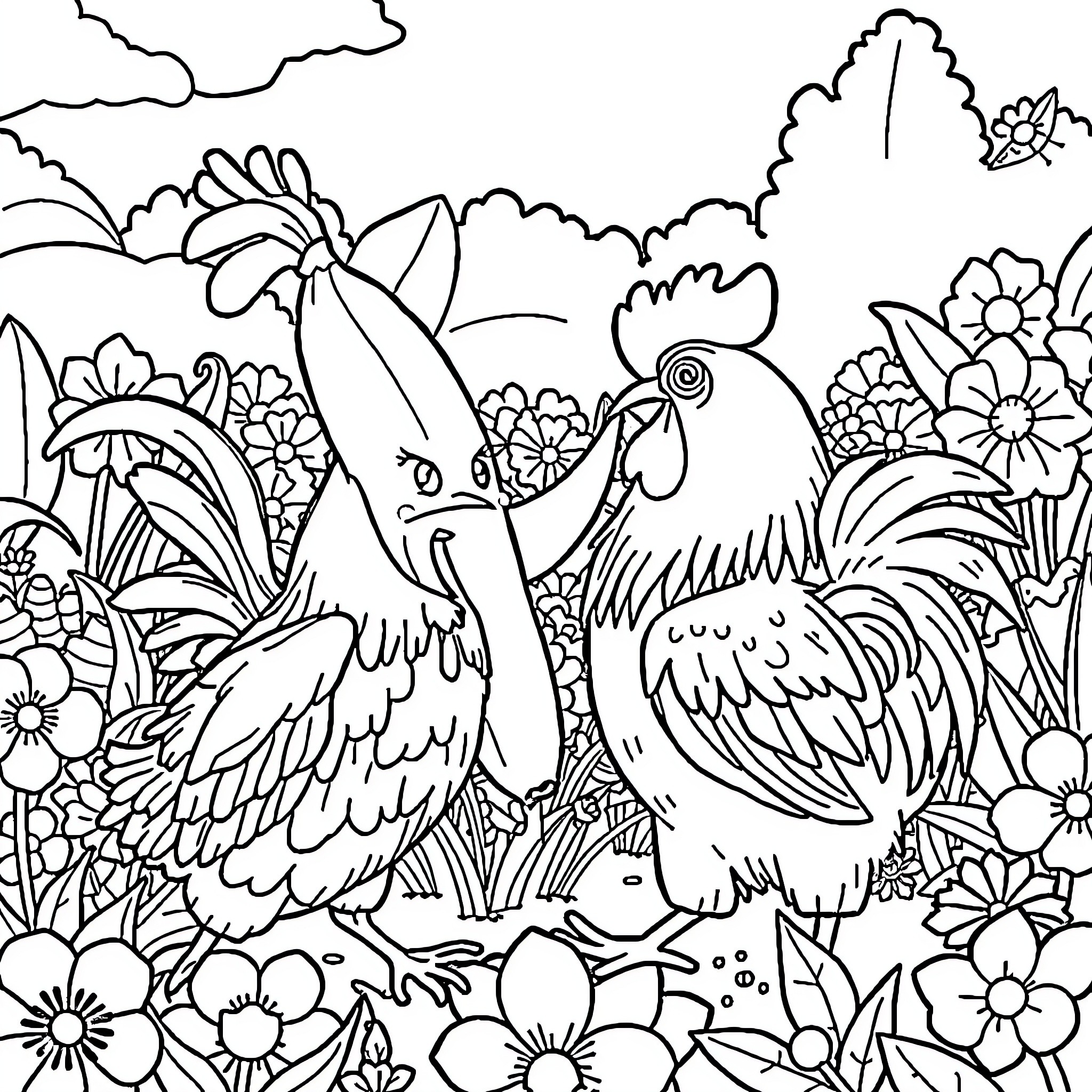 Banana farm with chickens in a flowery field Coloring Page (free black-and-white line drawing printable PDF for all, from beginners to advanced learners, including children, teens, adults, and seniors)