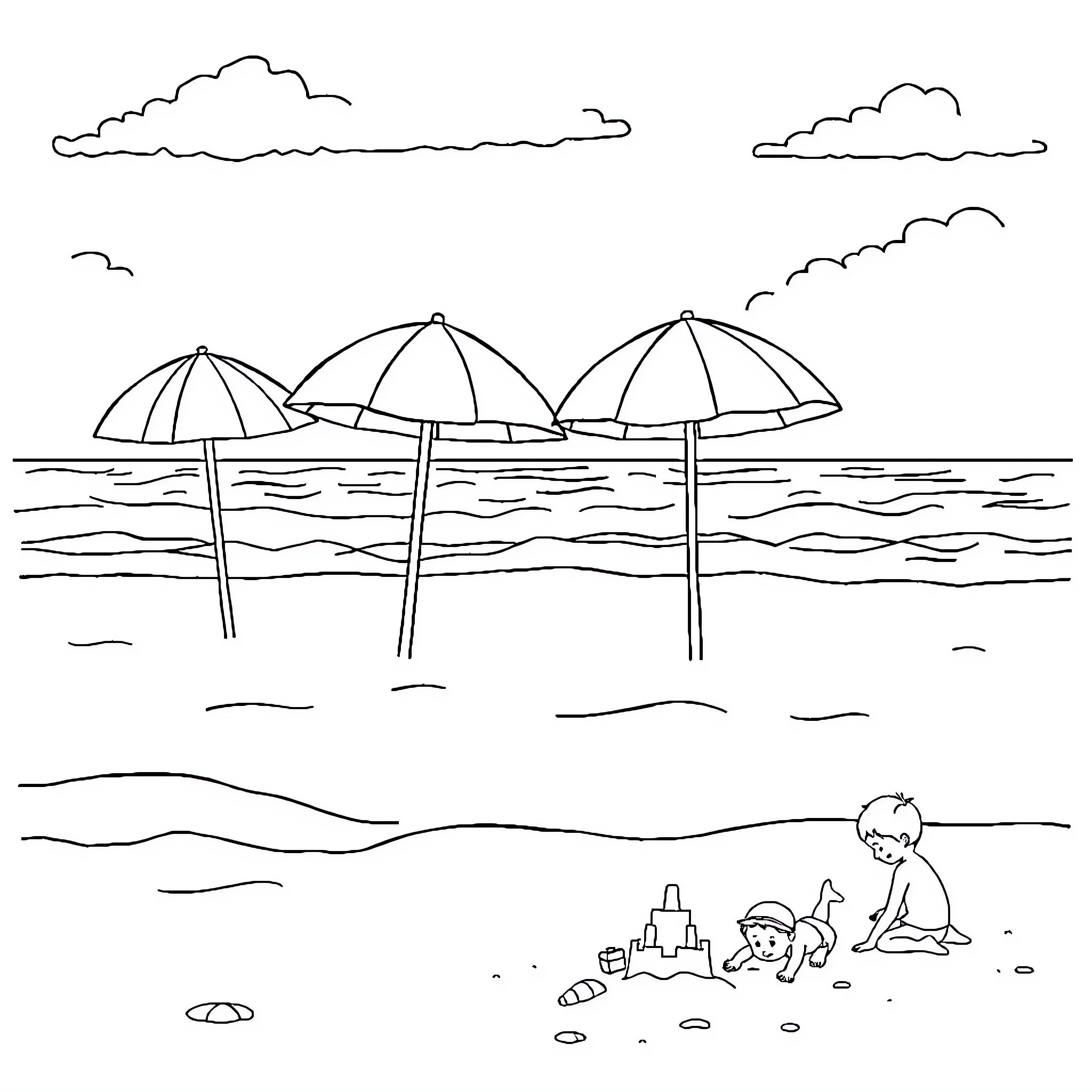 Beach scene with umbrellas and people relaxing Coloring Page (free black-and-white line drawing printable PDF for all, from beginners to advanced learners, including children, teens, adults, and seniors)