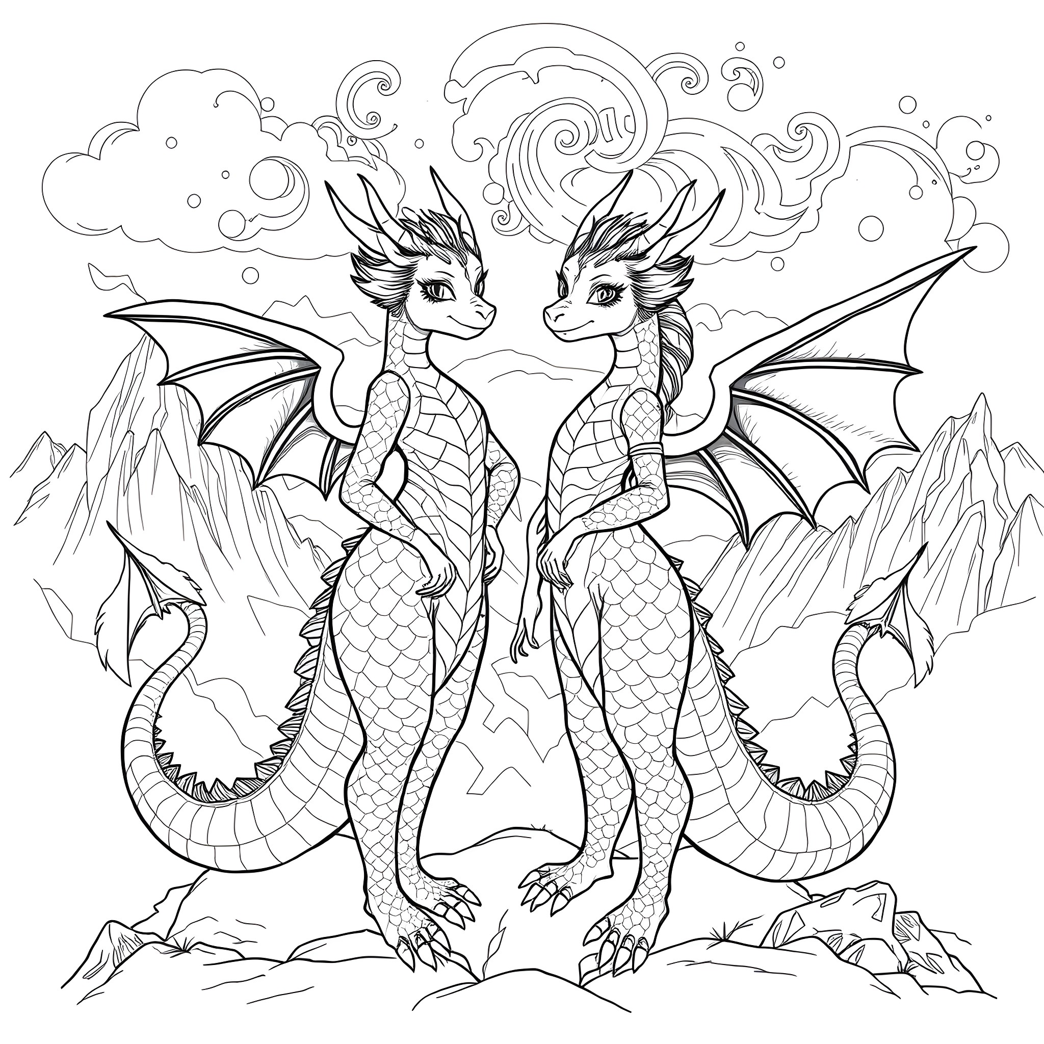 Dragongirl Duo: Fantastical Dragons in Enchanting Landscape Coloring Page (free black-and-white line drawing printable PDF for all, from beginners to advanced learners, including children, teens, adults, and seniors)