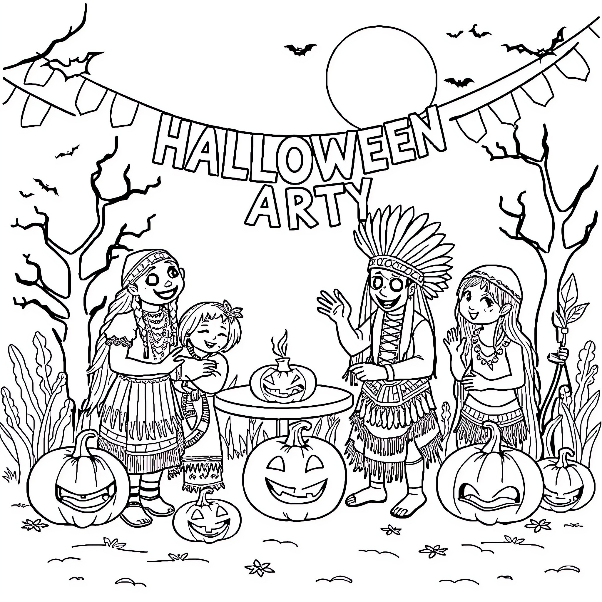 Indian Children's Halloween Party Celebration Coloring Page (free black-and-white line drawing printable PDF for all, from beginners to advanced learners, including children, teens, adults, and seniors)