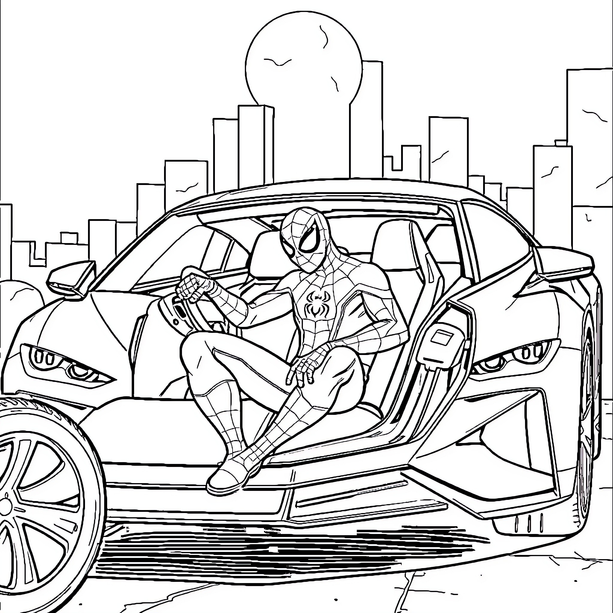 Spider-Man Swinging Through the City in a Sports Car Coloring Page (free black-and-white line drawing printable PDF for all, from beginners to advanced learners, including children, teens, adults, and seniors)