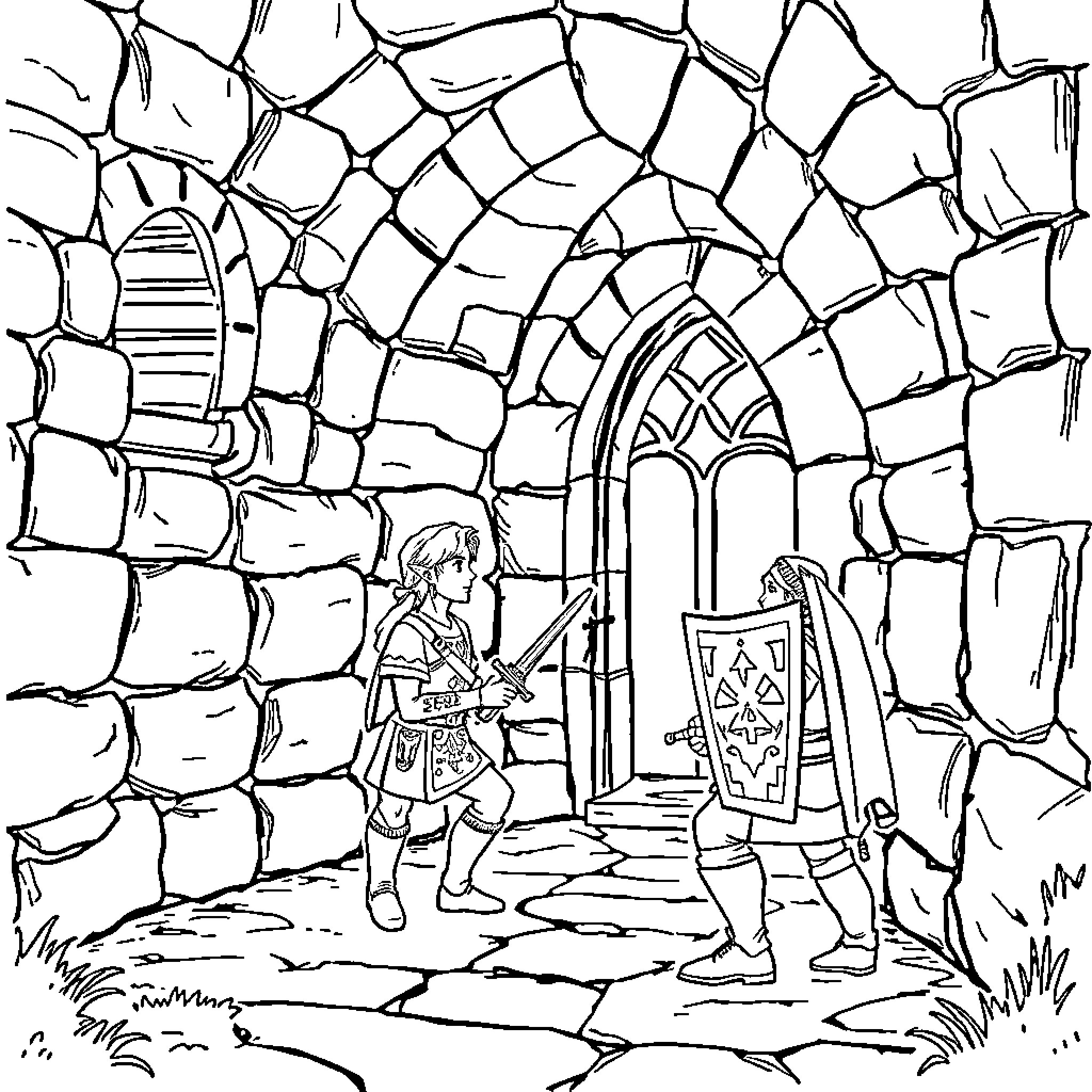 Link exploring the ancient ruins Coloring Page (free black-and-white line drawing printable PDF for all, from beginners to advanced learners, including children, teens, adults, and seniors)