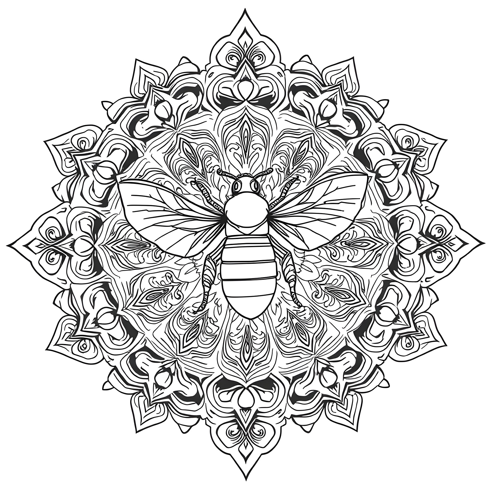 Bee in decorative mandala pattern Coloring Page (free black-and-white line drawing printable PDF for all, from beginners to advanced learners, including children, teens, adults, and seniors)