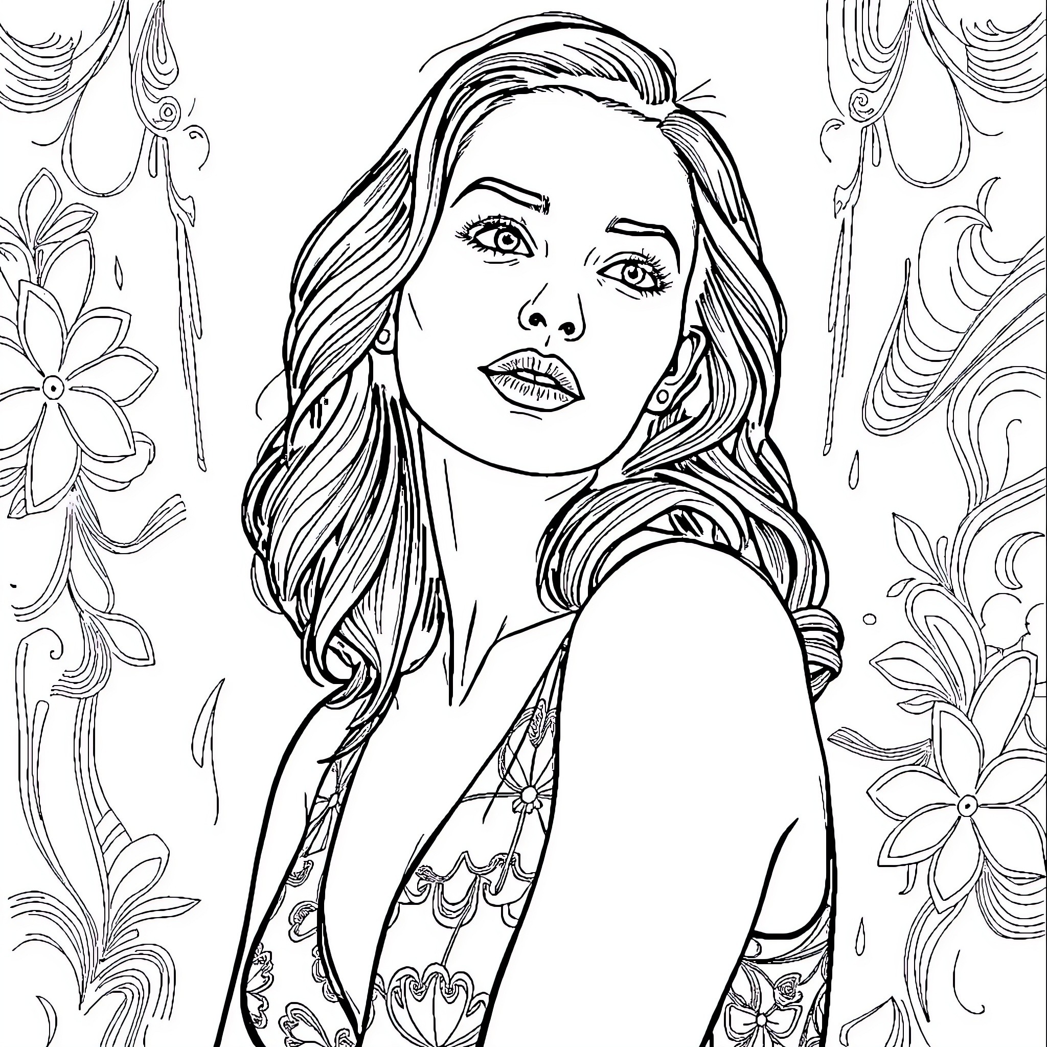 Olivia Dunne's Stylish Pose against Floral Backdrop Coloring Page (free black-and-white line drawing printable PDF for all, from beginners to advanced learners, including children, teens, adults, and seniors)
