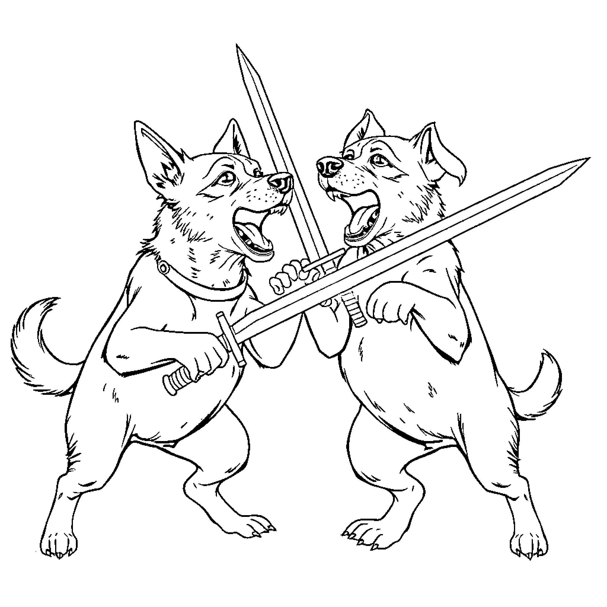 Dogs Fighting with Swords in Illustration Coloring Page (free black-and-white line drawing printable PDF for all, from beginners to advanced learners, including children, teens, adults, and seniors)