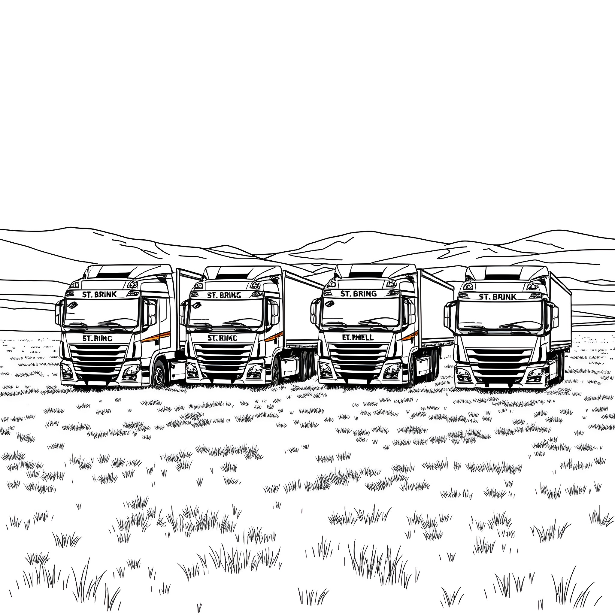Truck Convoy Transporting Goods Across the Landscape Coloring Page (free black-and-white line drawing printable PDF for all, from beginners to advanced learners, including children, teens, adults, and seniors)