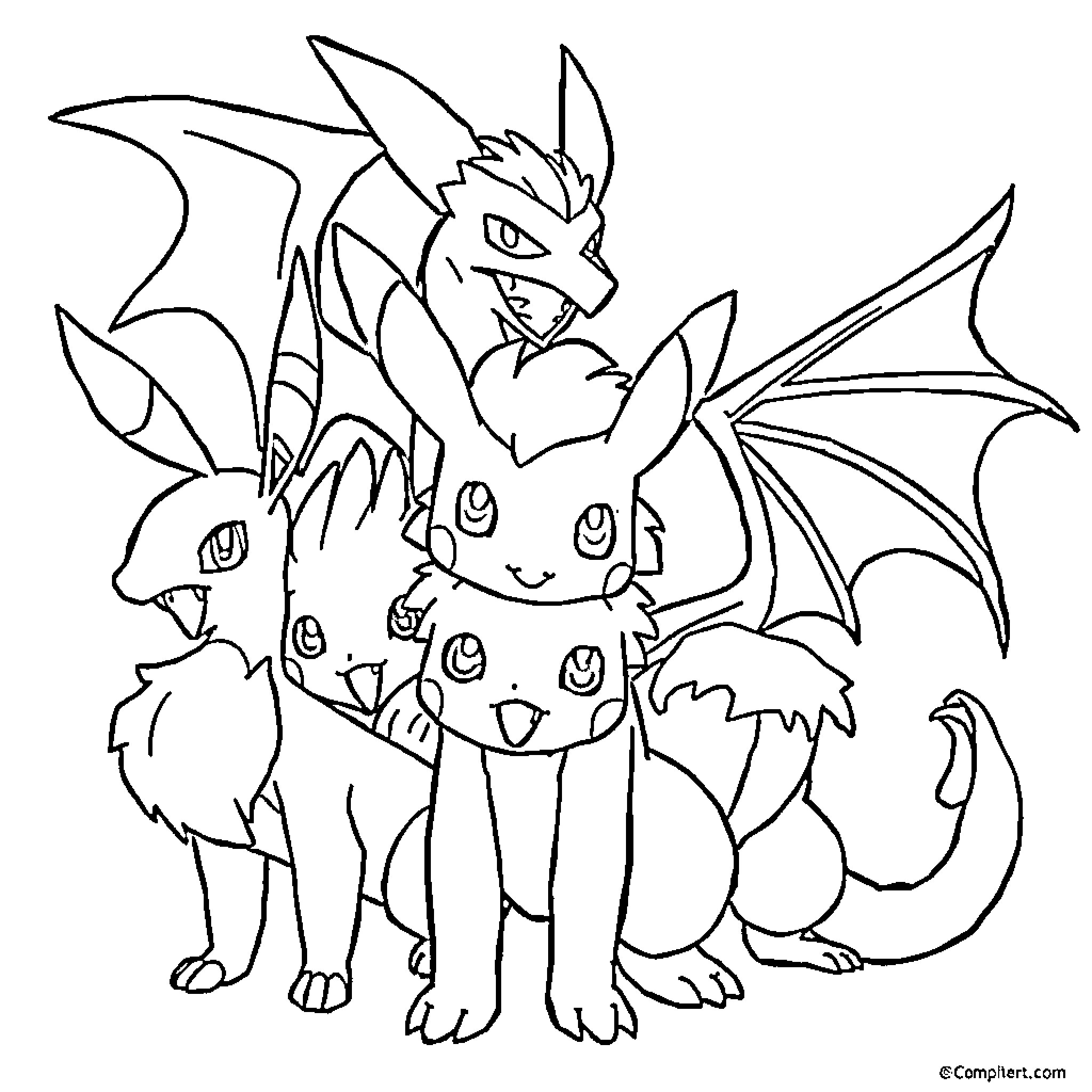 Pokémon Creatures Posing Together Coloring Page (free black-and-white line drawing printable PDF for all, from beginners to advanced learners, including children, teens, adults, and seniors)