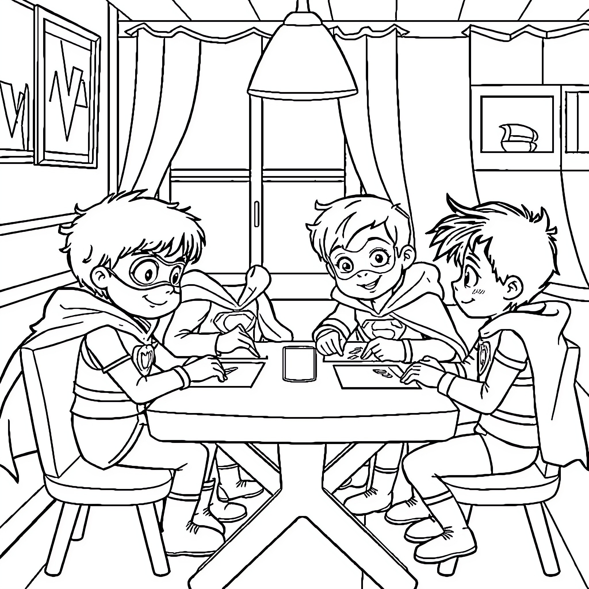 Children having fun at the table Coloring Page (free black-and-white line drawing printable PDF for all, from beginners to advanced learners, including children, teens, adults, and seniors)