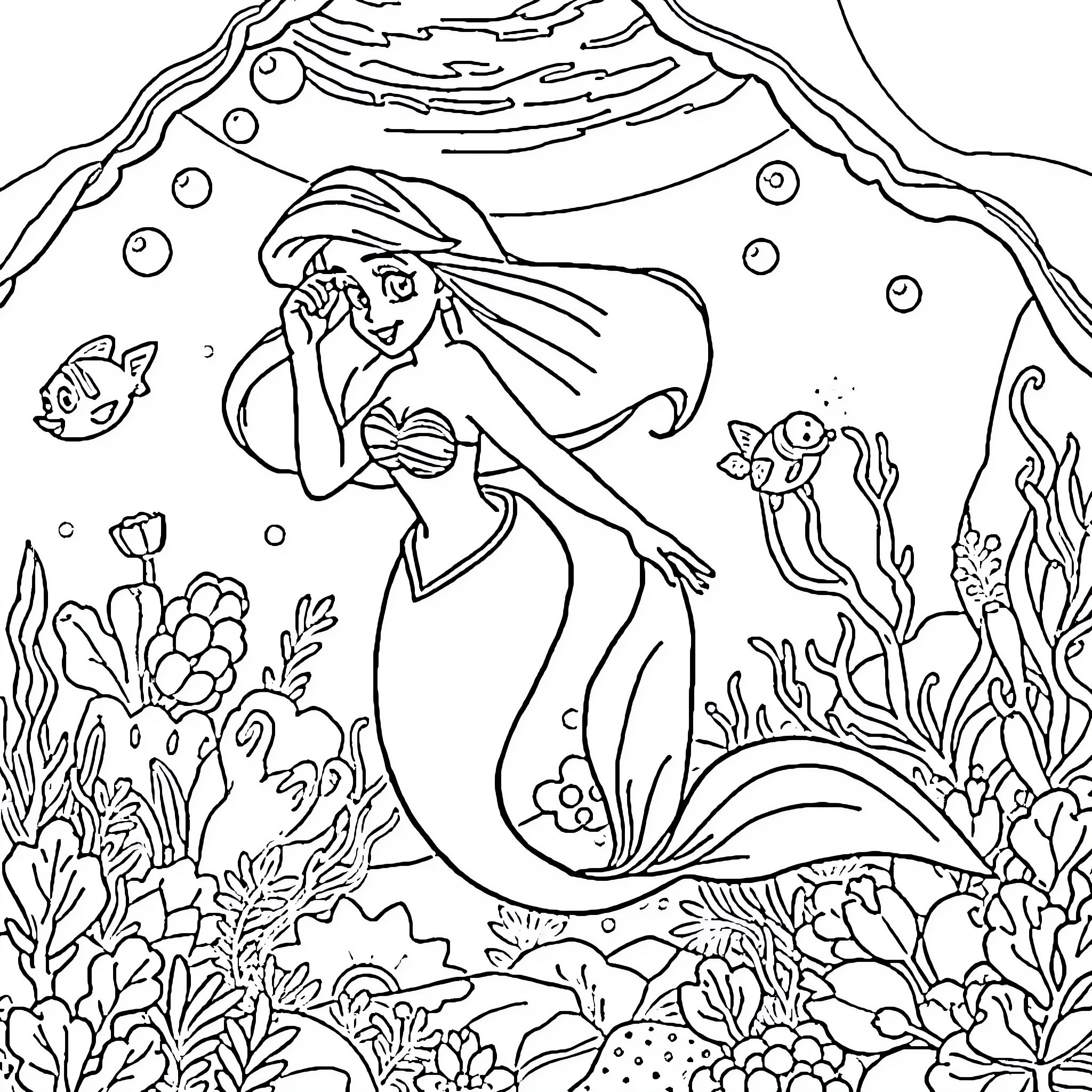 Ariel's Underwater Adventure Coloring Page (free black-and-white line drawing printable PDF for all, from beginners to advanced learners, including children, teens, adults, and seniors)