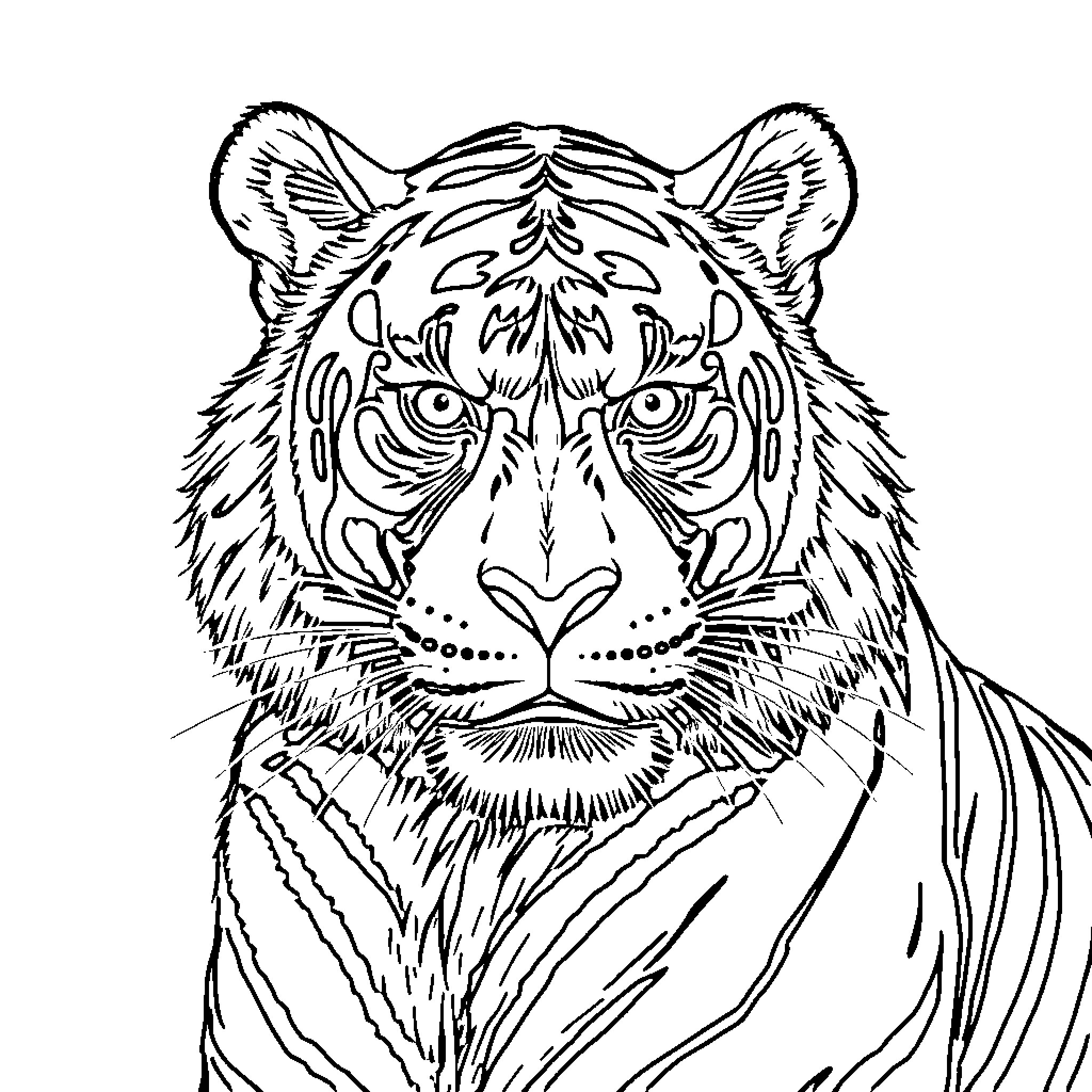 Monkey Tiger engaging in intense stare Coloring Page (free black-and-white line drawing printable PDF for all, from beginners to advanced learners, including children, teens, adults, and seniors)